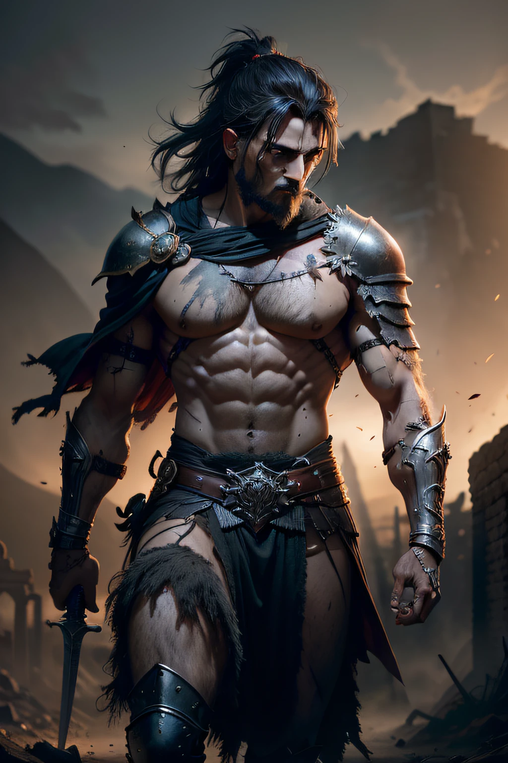 (best quality,4k,highres,masterpiece:1.2),ultra-detailed,(realistic,photorealistic,photo-realistic:1.37),Ancient Greek warrior with his sword,dark theme,sharp focus,physically-based rendering,dramatic lighting,warrior's determined expression,imposing figure,strained muscles,glistening sweat on warrior's forehead,dust and dirt on warrior's armor,tattered cape,ornate sword hilt and pommel,scratches and battle scars on the sword,glowing red eyes on warrior,ancient ruins in the background,moonlight casting eerie shadows,debris scattered on the ground,ominous atmosphere,subtle smoke effects,subdued color palette,strong contrast between light and dark,heroic stance of warrior,streaks of blood on the sword blade