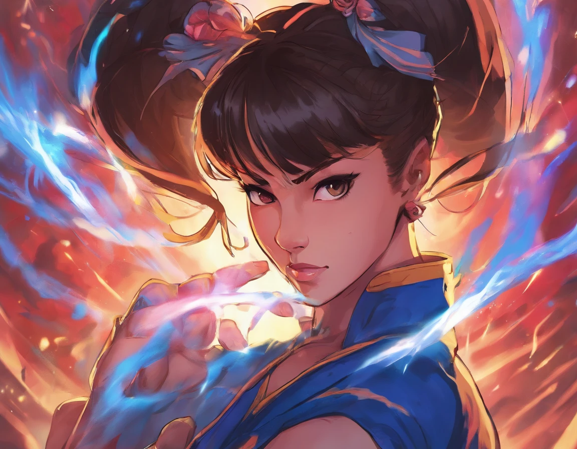 Chun Li is practicing martial arts,Close-up of her head,eye closeup,Fireworks are reflected in the pupils,Beautiful fireworks