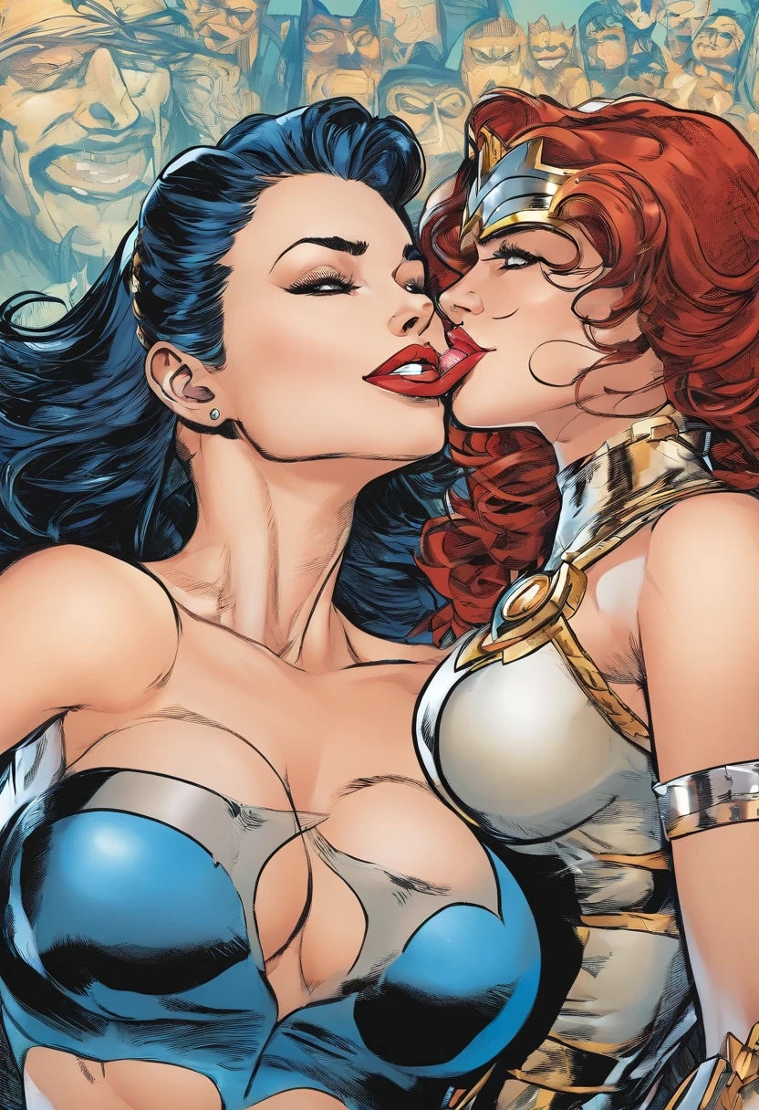 Catwoman and wonderwoman tongue kissing,protrait,tongue out,mouth wide open,pressing breasts of each other,breasts squeezing,hot hd pic