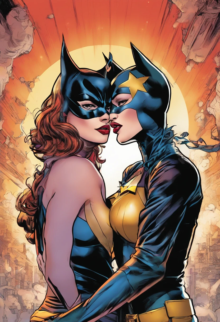 Catwoman and wonderwoman tongue kissing,protrait,tongue out,mouth wide open,pressing breasts of each other,breasts squeezing,hot hd pic