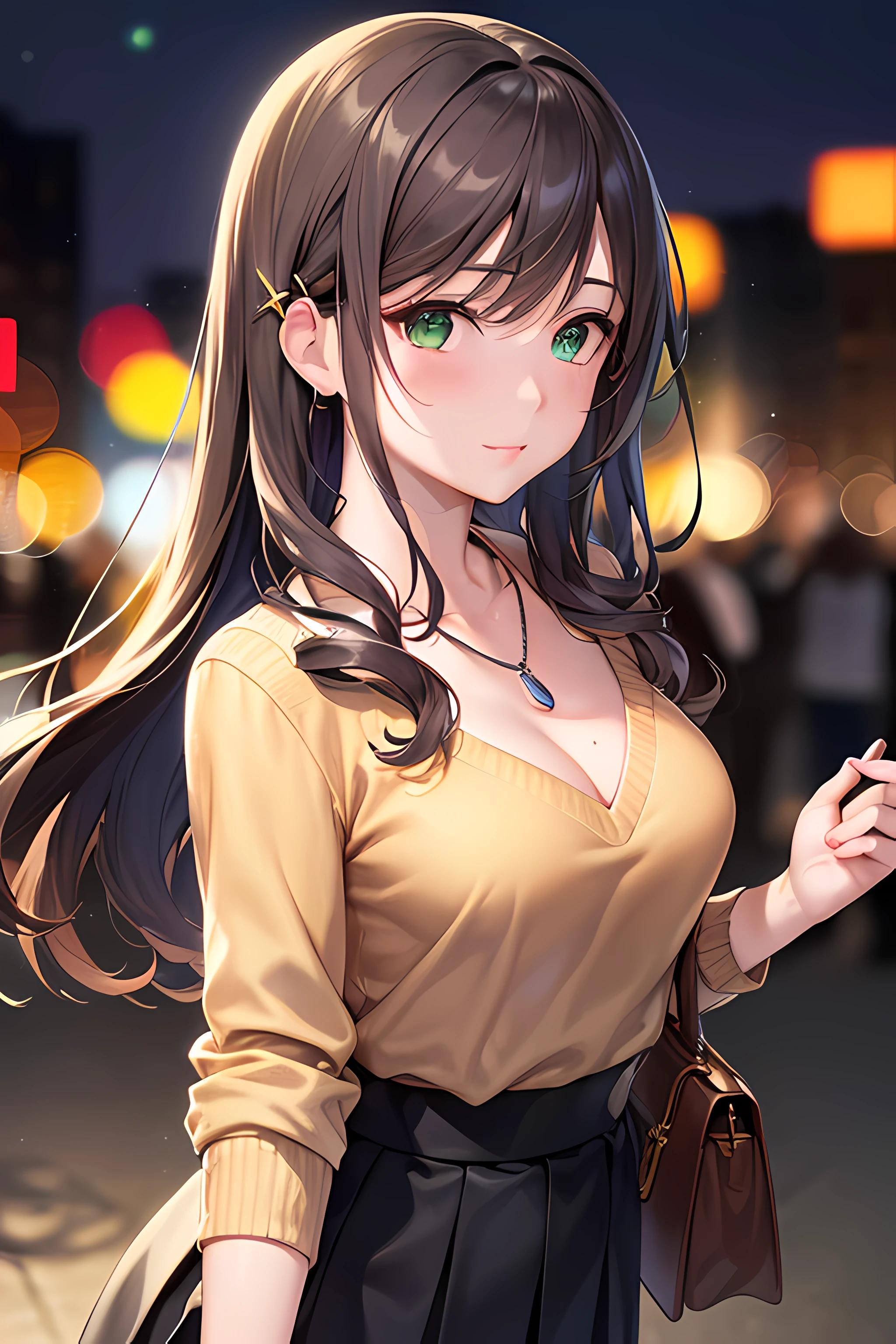 ((masterpiece, best quality, highres, UHD, perfect pixel, depth of field, 4k, RTX, HDR))), 1girl, single, solo, beautiful anime girl, beautiful artstyle, anime character, 24 years old, ((long hair, bangs, dark brown hair, curly hair:1.2, hair pin)), ((detailed face, blushing:1.2)), ((green eyes:1.8, sparkling effect, detailed eyelashes)), ((smooth texture:0.75, realistic texture:0.5, anime CG style)), ((medium breasts, cleavage:1.2)), dynamic angle, busty, perfect body, ((close up, POV, portrait, holding face)), ((white sweater, skirt:1.5, skirt folds, pleated skirt style, sliver necklace)), night, night lamp, bokeh:1.4, (outdoor, city buildings, crowd), (fashionable, handbag)