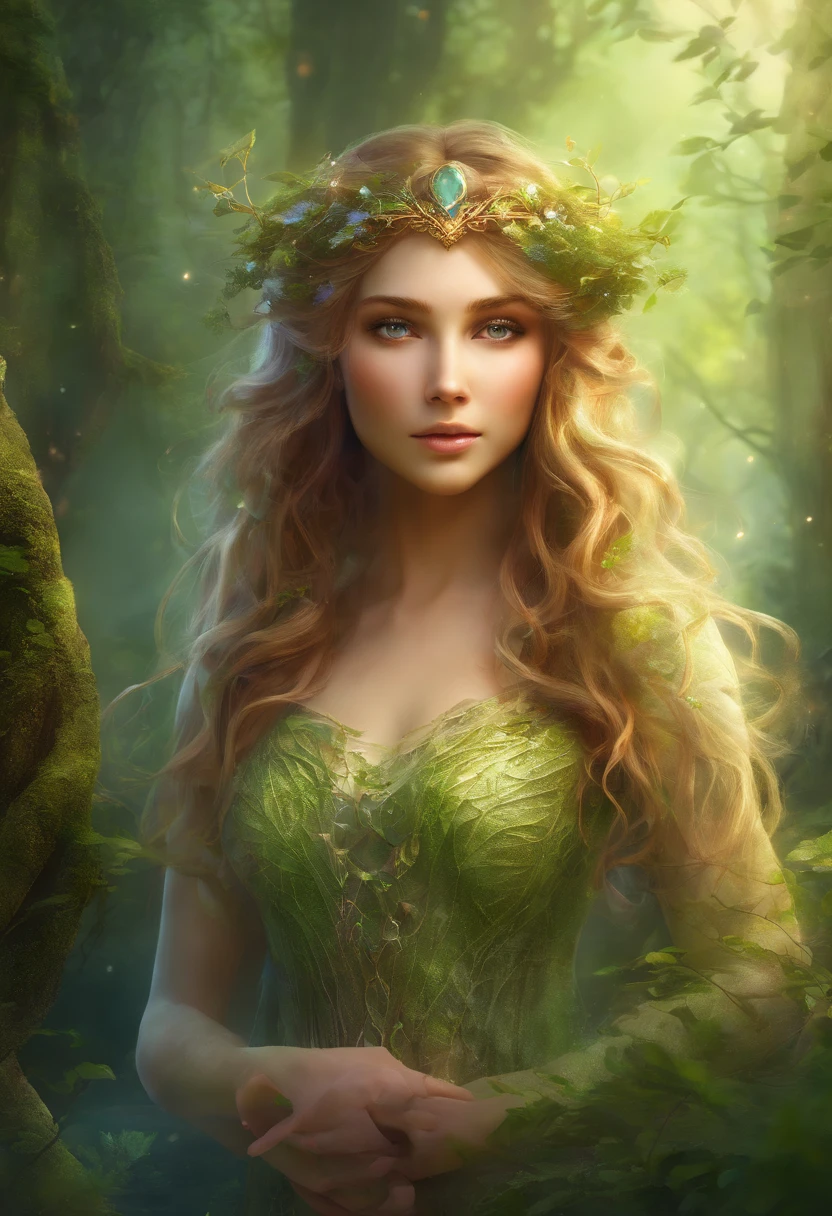 (best quality,4k,8k,highres,masterpiece:1.2),ultra-detailed,(realistic,photorealistic,photo-realistic:1.37),forest,captivating female Dryad creature,enchanted ethereal landscape,lush vegetation,majestic ancient trees,magical sunlight streaming through the branches,soft glowing moss covering the ground,faint transparent wings,delicate flowers blooming around her,fascinating eyes that emit a gentle glow,serene expression,graceful pose,artistic interpretation,subtle color palette,mystical atmosphere,playful and whimsical elements,mesmerizing presence,harmonious blending of the Dryad with her surroundings,immersive fantasy feeling,natural and realistic lighting