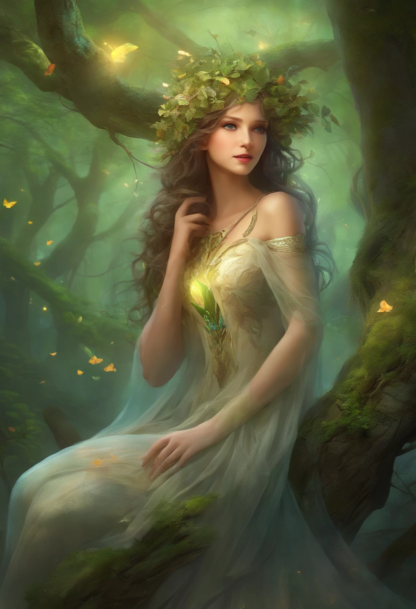 (best quality,4k,8k,highres,masterpiece:1.2),ultra-detailed,(realistic,photorealistic,photo-realistic:1.37),forest,captivating female Dryad creature,enchanted ethereal landscape,lush vegetation,majestic ancient trees,magical sunlight streaming through the branches,soft glowing moss covering the ground,faint transparent wings,delicate flowers blooming around her,fascinating eyes that emit a gentle glow,serene expression,graceful pose,artistic interpretation,subtle color palette,mystical atmosphere,playful and whimsical elements,mesmerizing presence,harmonious blending of the Dryad with her surroundings,immersive fantasy feeling,natural and realistic lighting
