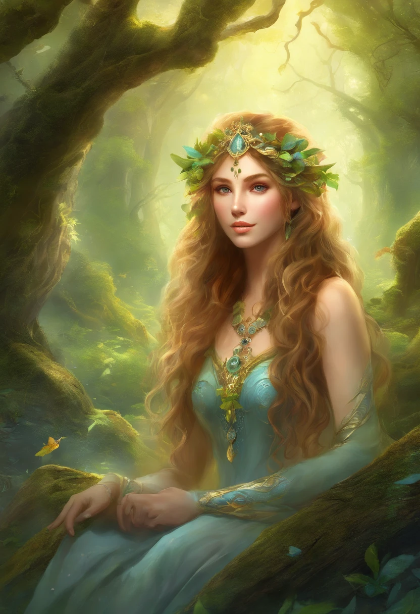 (best quality,4k,8k,highres,masterpiece:1.2),ultra-detailed,(realistic,photorealistic,photo-realistic:1.37),forest,captivating female Dryad creature,enchanted ethereal landscape,lush vegetation,majestic ancient trees,magical sunlight streaming through the branches,soft glowing moss covering the ground,faint transparent wings,delicate flowers blooming around her,fascinating eyes that emit a gentle glow,serene expression,graceful pose,artistic interpretation,subtle color palette,mystical atmosphere,playful and whimsical elements,mesmerizing presence,harmonious blending of the Dryad with her surroundings,immersive fantasy feeling,natural and realistic lighting