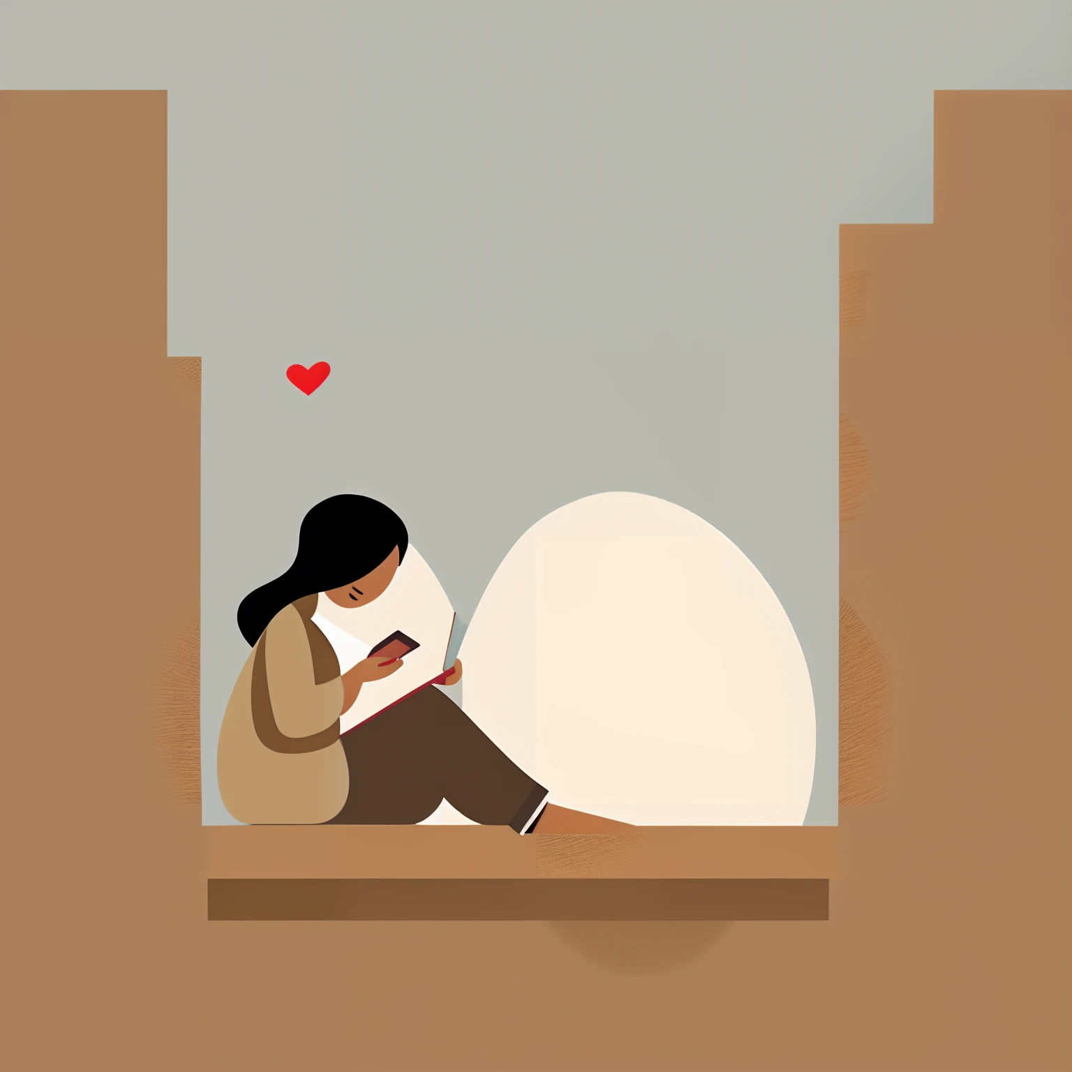 a woman sitting on a ledge reading a book, reading a book, book portrait, reading new book, book illustration, trying to read, illustration style, reading the book about love, reading, minimalist illustration, minimalistic illustration, wearing a scarf, serene illustration, inspired by Esaias Boursse, digital illustation, illustrations, shaded flat illustration, simple and clean illustration, paster cream color, beige