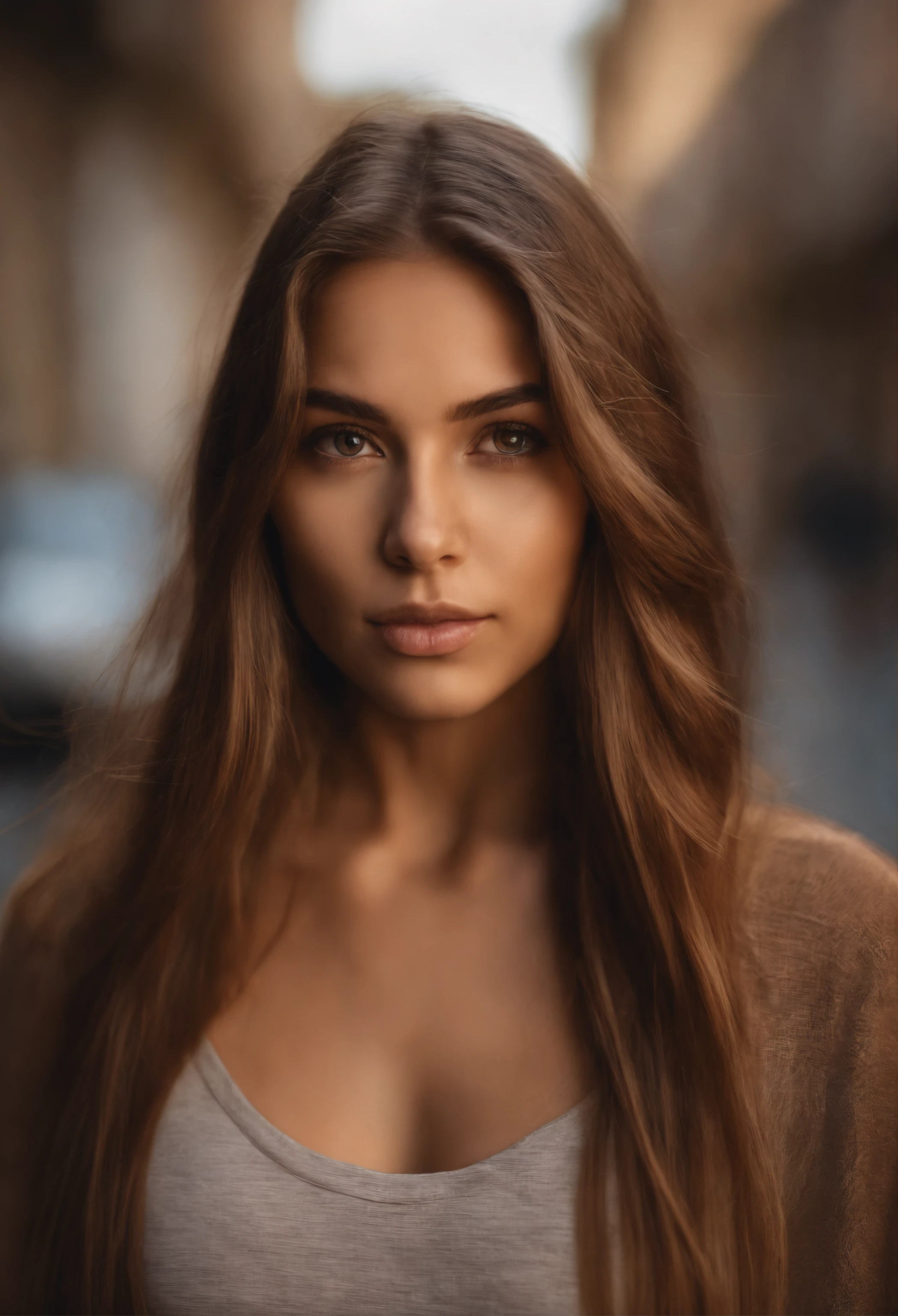 Natural photography of a girl, wearing a loose crop top, leaning over, long straight light brown hair, locks eyes into the camera, symmetrical eyes, symmetrical face, photorealistic, photography, path tracing, specular lighting, volumetric face light, path traced hair, visible shadows, intricate, elaborate, street art background