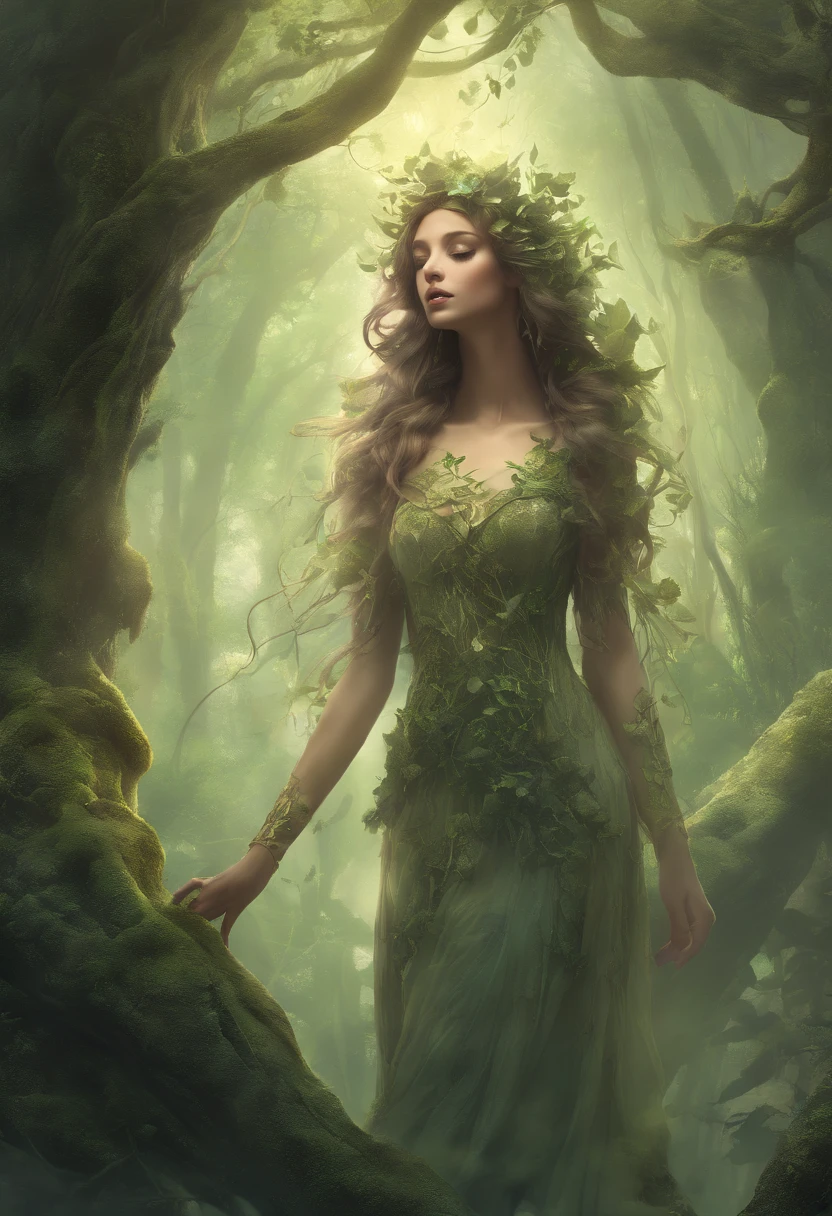 (best quality,4k,8k,highres,masterpiece:1.2),ultra-detailed,(realistic,photorealistic,photo-realistic:1.37),forest,captivating female Dryad creature,enchanted ethereal landscape,lush vegetation,majestic ancient trees,magical sunlight streaming through the branches,soft glowing moss covering the ground,faint transparent wings,delicate flowers blooming around her,fascinating eyes that emit a gentle glow,serene expression,graceful pose,artistic interpretation,subtle color palette,mystical atmosphere,playful and whimsical elements,mesmerizing presence,harmonious blending of the Dryad with her surroundings,immersive fantasy feeling,natural and realistic lighting