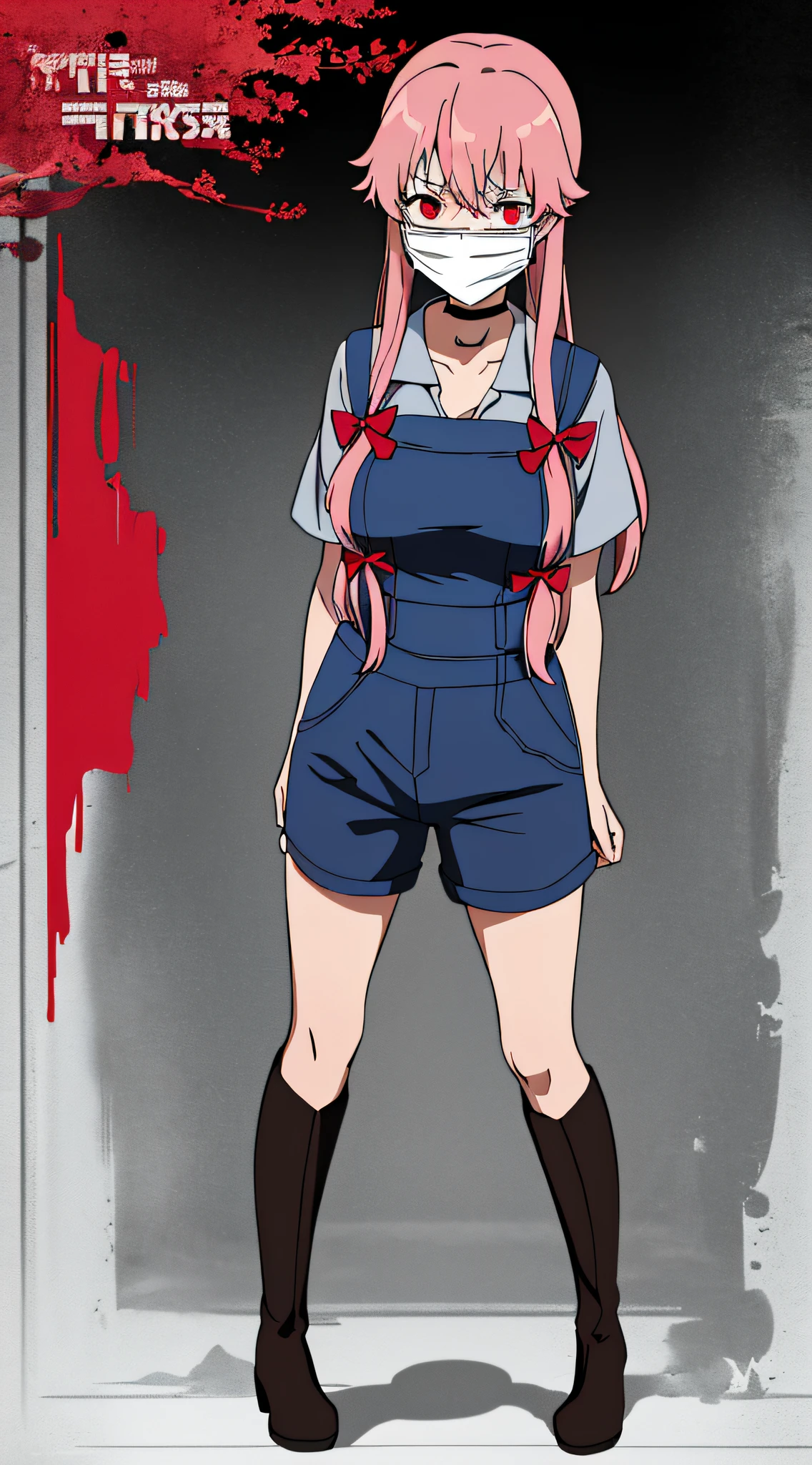 masterpiece, best quality, high quality, a woman with large breast in a woods, 1girl, breasts , , , pink hair, large breasts, twintails, long hair, solo focus, mirai nikki, black choker, dark grey overalls, leather gloves, black boots, ((face mask)), red eyes, chasing you through the woods, ((nigth)), crazy, ((crazy eyes)), ((crazy stare)) holding a bloody knife, (fanart of Gasai Yuno), (angry eyes), (perfect hands:1.4), (masterpiece), best quality, expressive eyes, VHS, ((nigth)), (Parfect Hand)