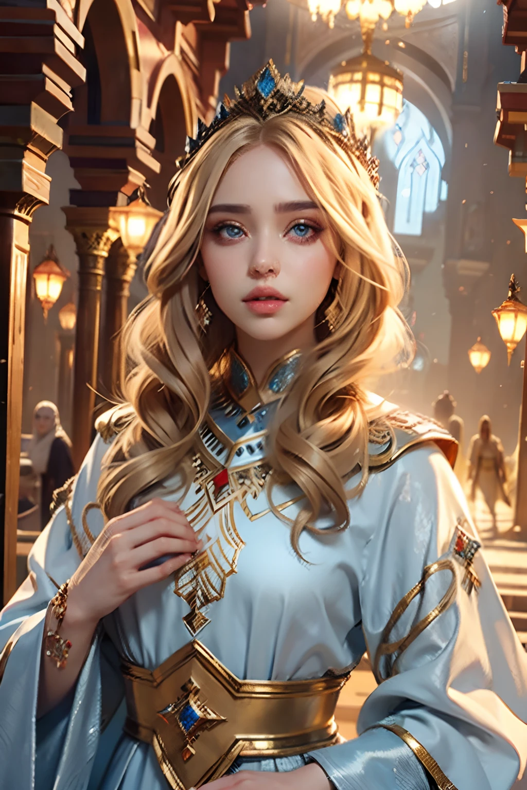 Very Beautiful princesse face portrait zoom sexy face sexy eyes sexy Mouth glowing crystal eyes hyper realistic super detailed blond hair wearing Islamic caftan marocain