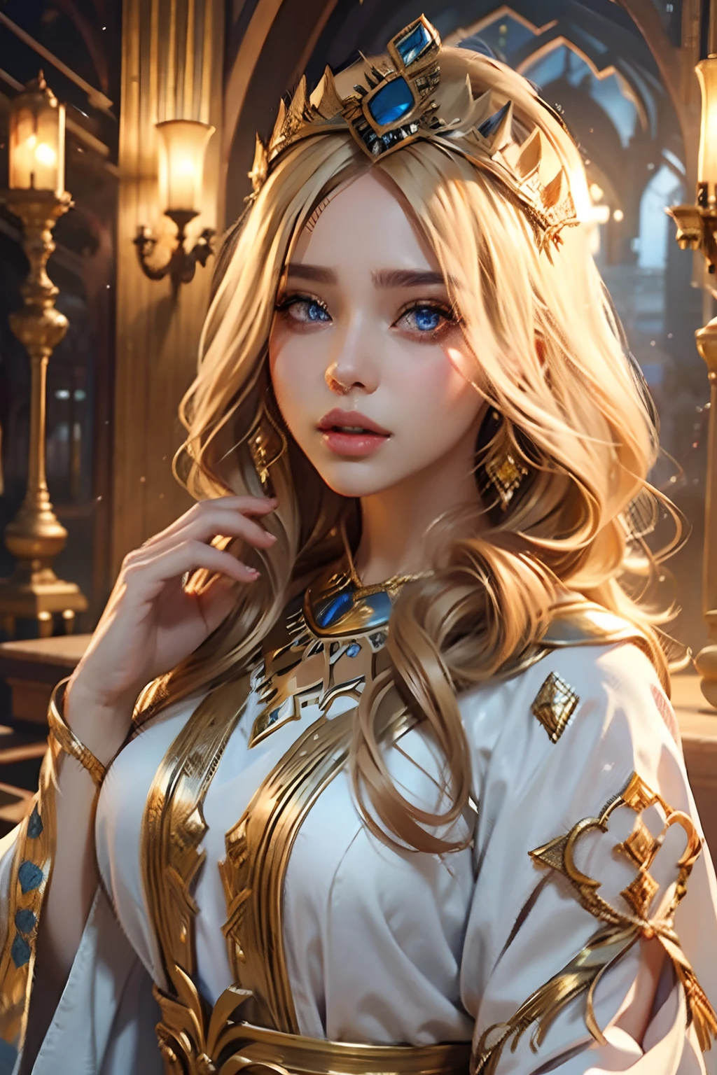 Very Beautiful princesse face portrait zoom sexy face sexy eyes sexy Mouth glowing crystal eyes hyper realistic super detailed blond hair wearing Islamic caftan marocain