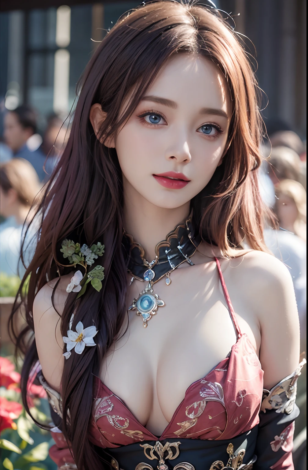 best quality, ultra high res, (photorealistic:1.4), (detailed beautiful girl:1.4), (medium breasts:0.8), looking_at_viewer, Detailed facial details, beautiful detailed eyes,pink hair, blue eyes, slender, haunting smile, (makeup:0.3), red lips, highly detailed clothes, (ulzzang-6500-v1.1:0.3)