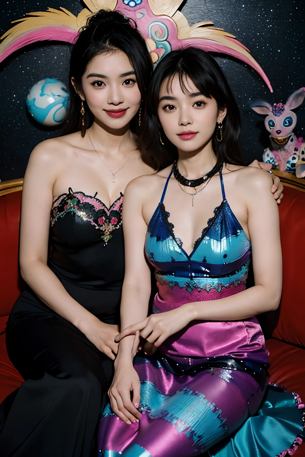 Smiling,Face focus,(alebrijes art style),fantastical world,fantasy,a couple of lesbians sitting together looking at the stars,lewd,leering:1.3,Masterpiece, Best quality, intricately details, absurderes,,(ulzzang-6500-v1.1,pureeroface_v1,octane rendering)