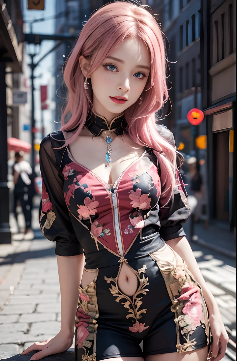 best quality, ultra high res, (photorealistic:1.4), (detailed beautiful girl:1.4), (medium breasts:0.8), looking_at_viewer, Detailed facial details, beautiful detailed eyes,pink hair, blue eyes, slender, haunting smile, (makeup:0.3), red lips, highly detailed clothes, (ulzzang-6500-v1.1:0.3)