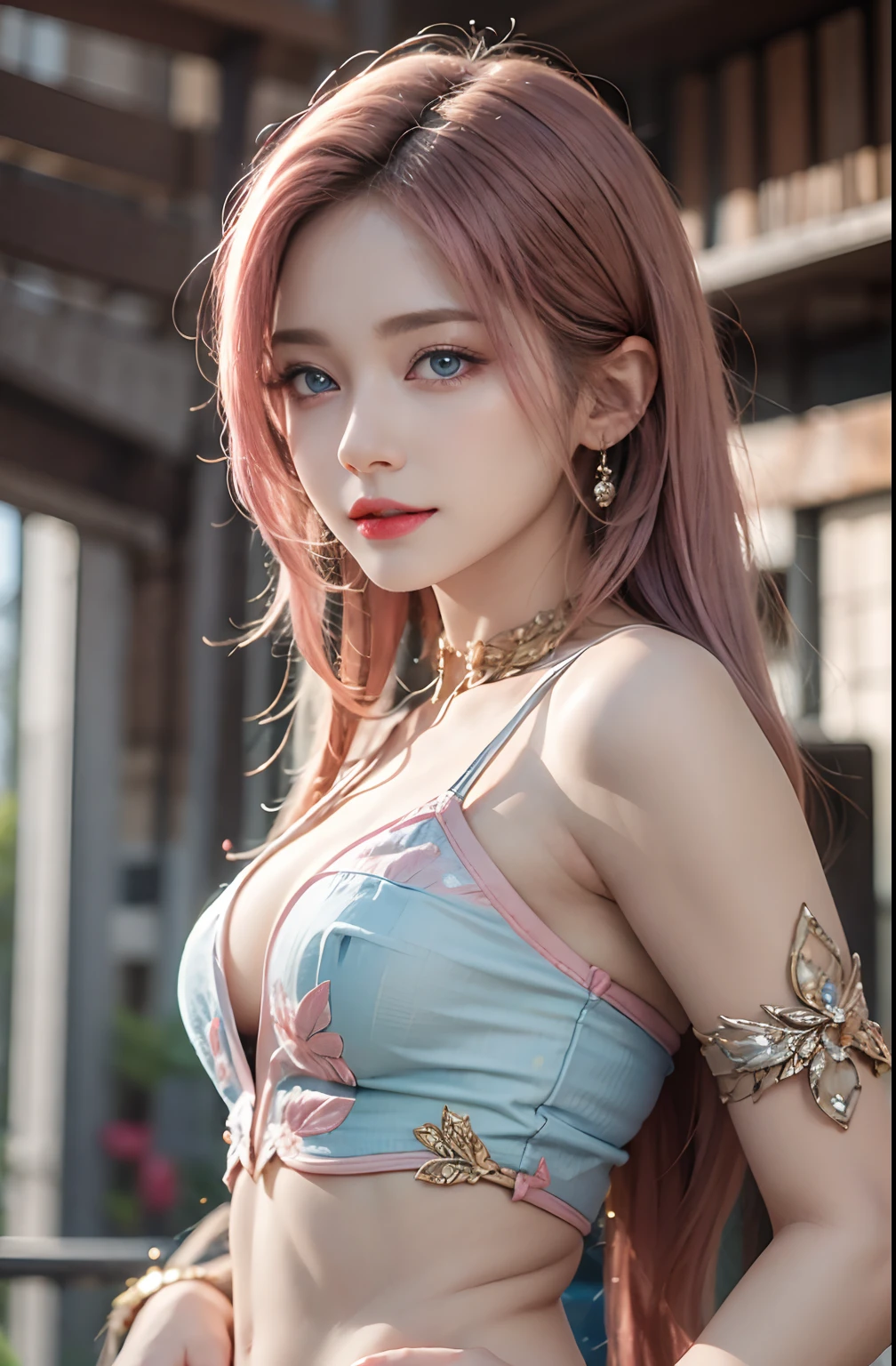 best quality, ultra high res, (photorealistic:1.4), (detailed beautiful girl:1.4), (medium breasts:0.8), looking_at_viewer, Detailed facial details, beautiful detailed eyes,pink hair, blue eyes, slender, haunting smile, (makeup:0.3), red lips, highly detailed clothes, (ulzzang-6500-v1.1:0.3)