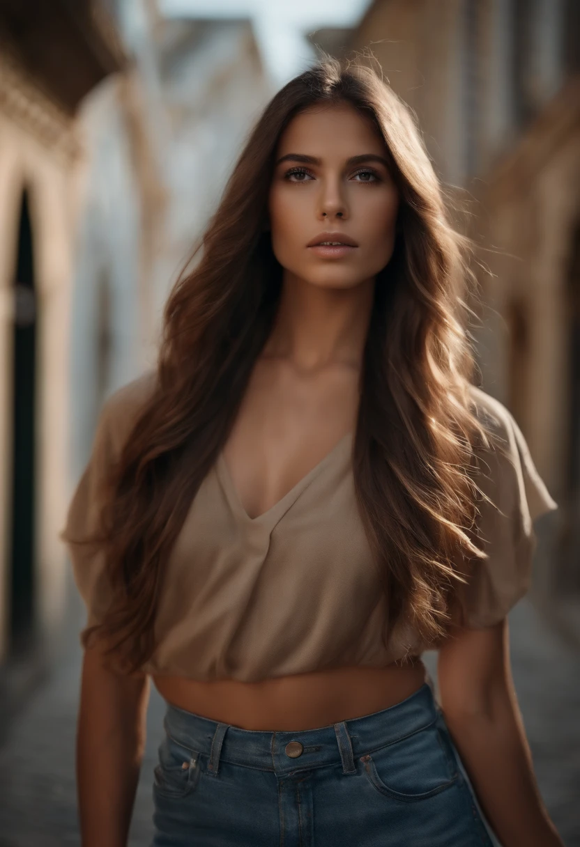 Fotografia natural de uma menina bonita, usando um crop top solto, leaning over, long flowing hair, Close your eyes on camera, symmetric eyes, symmetrical face, fotorrealista, fotografia, Rastreamento de caminho, specular illumination, volumetric facial light, path traced hair, visible shadows, intrincado, elaborar
