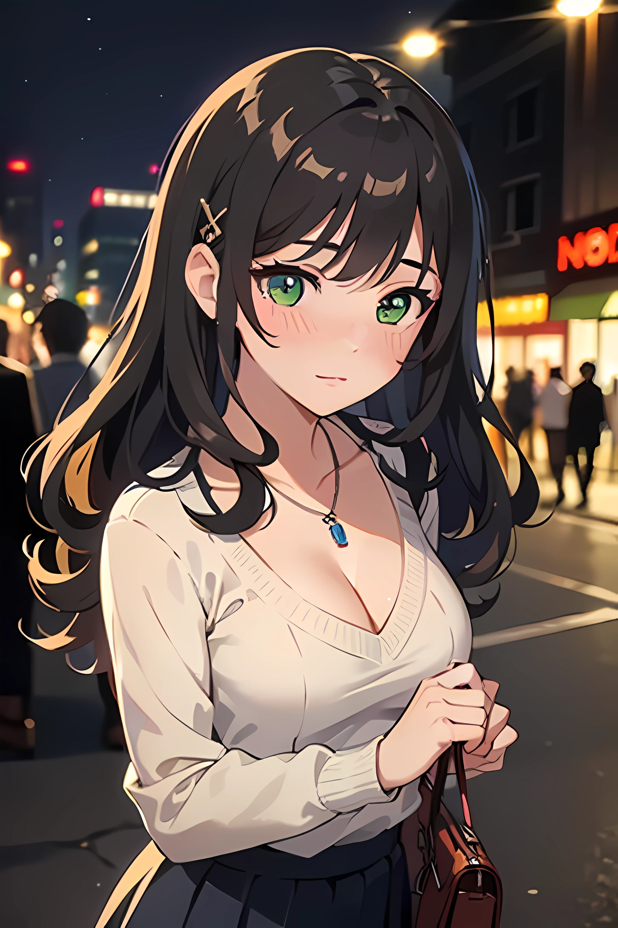 ((masterpiece, best quality, highres, UHD, perfect pixel, depth of field, 4k, RTX, HDR))), 1girl, single, solo, beautiful anime girl, beautiful artstyle, anime character, 24 years old, ((long hair, bangs, dark brown hair, curly hair:1.2, hair pin)), ((detailed face, blushing:1.2)), ((green eyes:1.8, sparkling effect, detailed eyelashes)), ((smooth texture:0.75, realistic texture:0.5, anime CG style)), ((medium breasts, cleavage:1.2)), dynamic angle, busty, perfect body, ((close up, POV, portrait, holding face)), ((white sweater, skirt:1.5, skirt folds, pleated skirt style, sliver necklace)), night, night lamp, bokeh:1.4, (outdoor, city buildings, crowd), (fashionable, handbag)