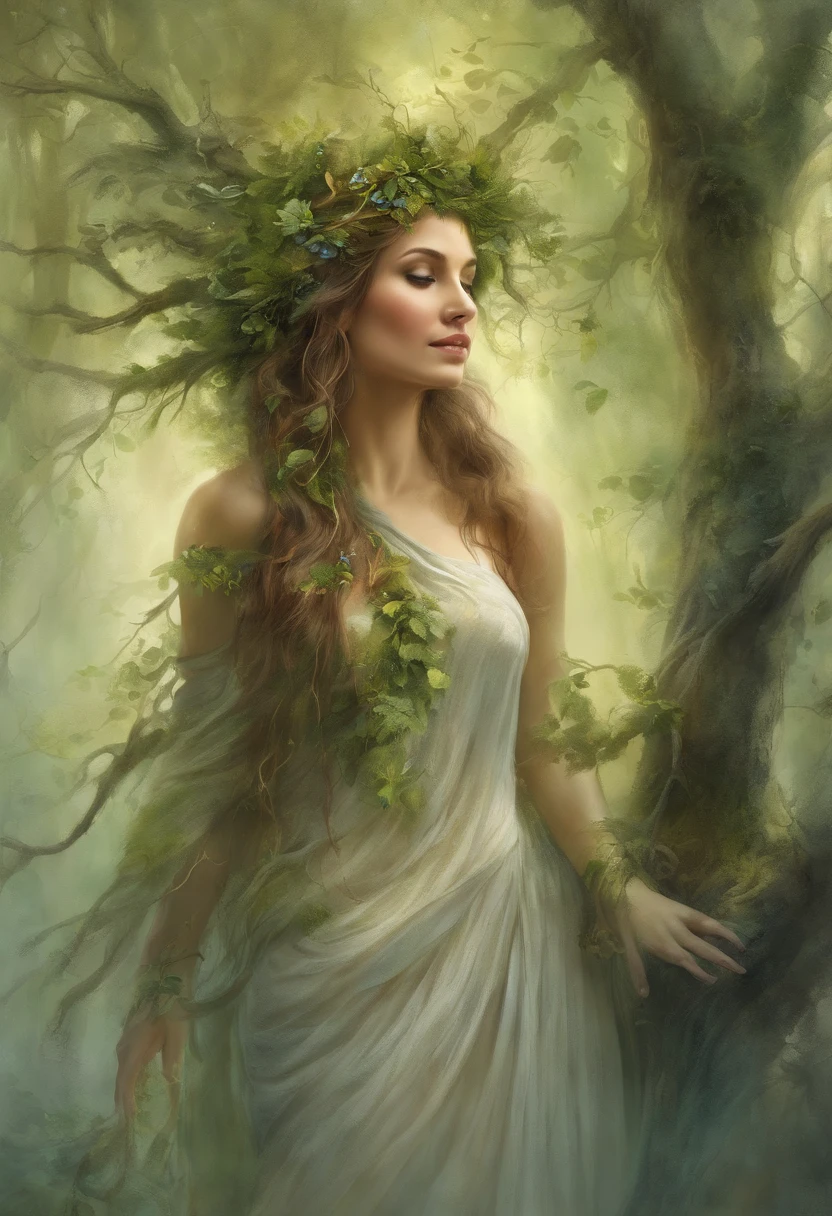 (best quality,4k,8k,highres,masterpiece:1.2),ultra-detailed,(realistic,photorealistic,photo-realistic:1.37),forest,captivating female Dryad creature,enchanted ethereal landscape,lush vegetation,majestic ancient trees,magical sunlight streaming through the branches,soft glowing moss covering the ground,faint transparent wings,delicate flowers blooming around her,fascinating eyes that emit a gentle glow,serene expression,graceful pose,artistic interpretation,subtle color palette,mystical atmosphere,playful and whimsical elements,mesmerizing presence,harmonious blending of the Dryad with her surroundings,immersive fantasy feeling,natural and realistic lighting