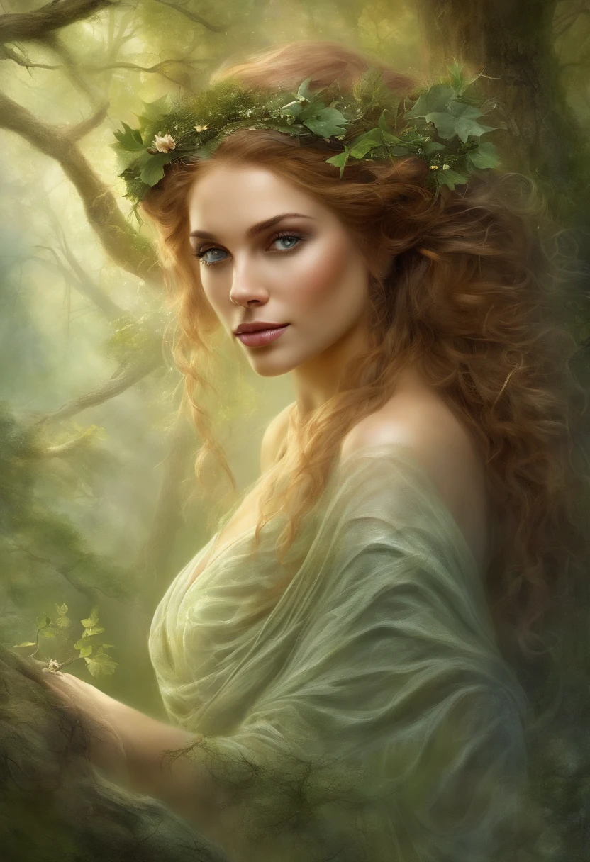(best quality,4k,8k,highres,masterpiece:1.2),ultra-detailed,(realistic,photorealistic,photo-realistic:1.37),forest,captivating female Dryad creature,enchanted ethereal landscape,lush vegetation,majestic ancient trees,magical sunlight streaming through the branches,soft glowing moss covering the ground,faint transparent wings,delicate flowers blooming around her,fascinating eyes that emit a gentle glow,serene expression,graceful pose,artistic interpretation,subtle color palette,mystical atmosphere,playful and whimsical elements,mesmerizing presence,harmonious blending of the Dryad with her surroundings,immersive fantasy feeling,natural and realistic lighting