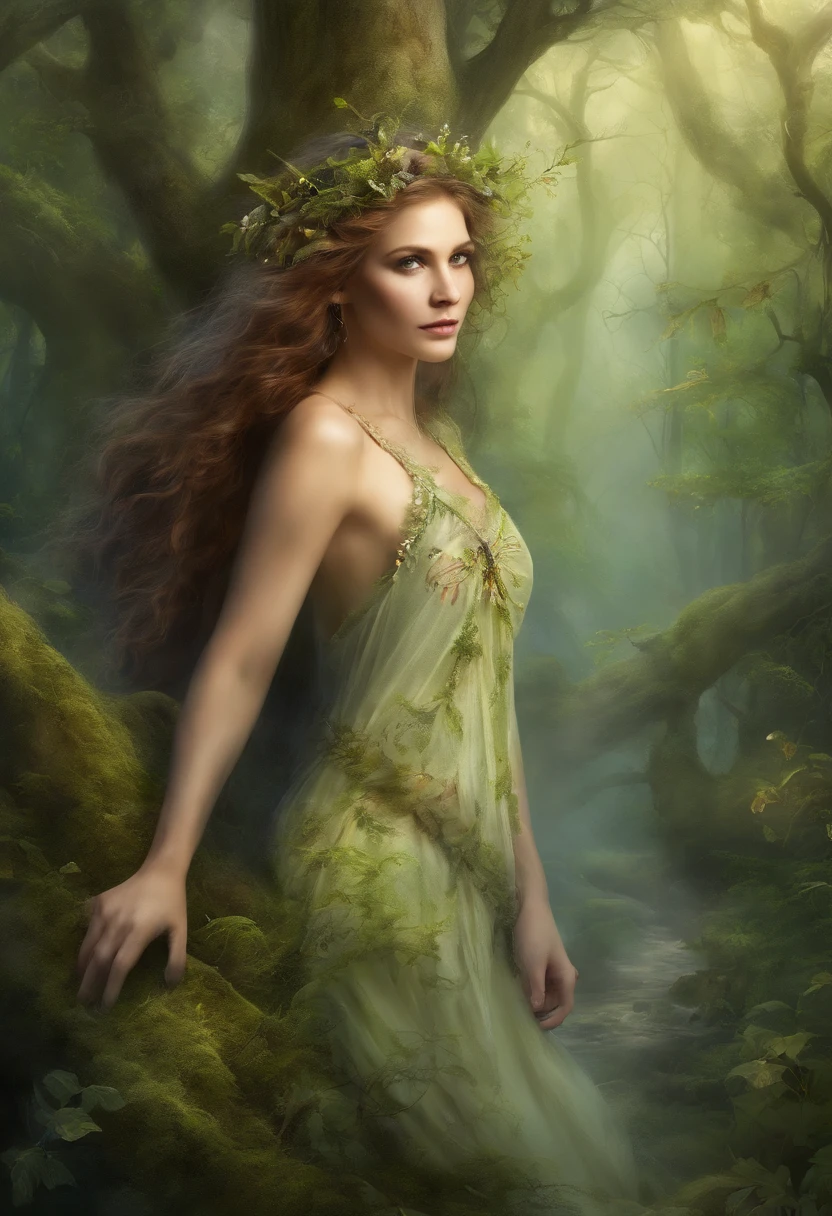 (best quality,4k,8k,highres,masterpiece:1.2),ultra-detailed,(realistic,photorealistic,photo-realistic:1.37),forest,captivating female Dryad creature,enchanted ethereal landscape,lush vegetation,majestic ancient trees,magical sunlight streaming through the branches,soft glowing moss covering the ground,faint transparent wings,delicate flowers blooming around her,fascinating eyes that emit a gentle glow,serene expression,graceful pose,artistic interpretation,subtle color palette,mystical atmosphere,playful and whimsical elements,mesmerizing presence,harmonious blending of the Dryad with her surroundings,immersive fantasy feeling,natural and realistic lighting