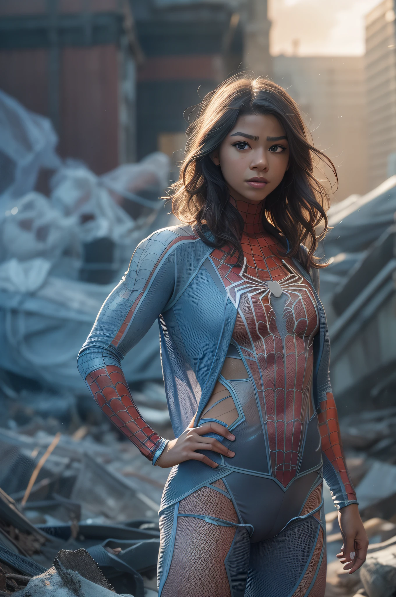 Zendaya in detailed (transparent 98%) ice blue (transparent 80% Spider-Man costume), large breasts, superhero pose, dark brown hair, standing in a ruined city at sunset, hyperdetailed, smoke, sparks, sunbeams, (8k), realistic, symmetrical, award-winning, cinematic lightning, soaked, film, 75mm, scratches, full body shot, close-up, torn and dirty clothes, detailed face,