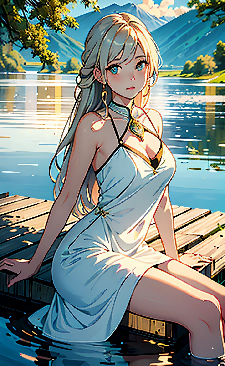 "Best quality and masterpiece artwork with a stunning depiction of a nude and tall woman with flowing blonde hair and captivating blue eyes. Her flawless face radiates realism. a lush forest with towering trees, a serene pond, sparkling lake, and cascading waterfall, she is taking a bath in the lake"
