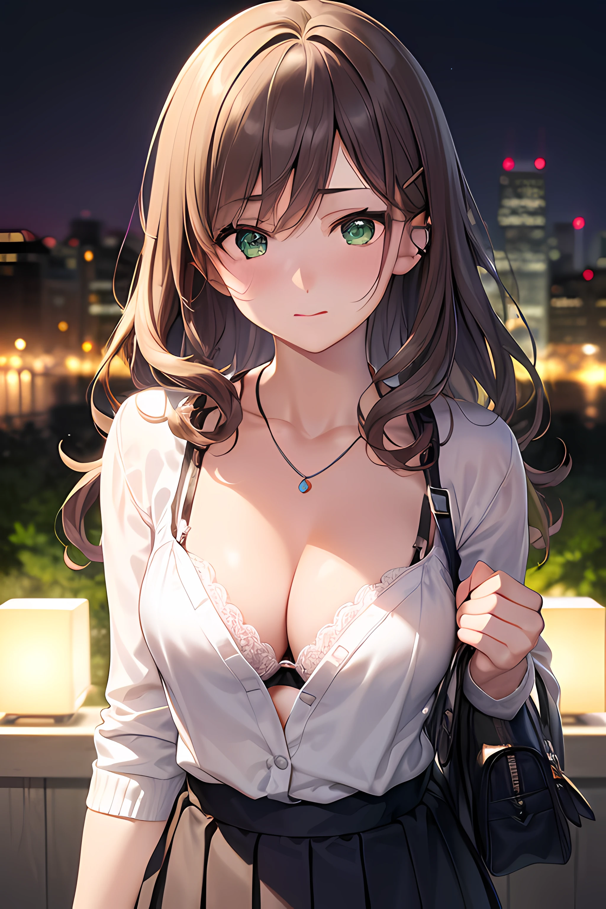 ((masterpiece, best quality, highres, UHD, perfect pixel, depth of field, 4k, RTX, HDR))), 1girl, single, solo, beautiful anime girl, beautiful artstyle, anime character, 24 years old, ((long hair, bangs, dark brown hair, curly hair:1.2, hair pin)), ((detailed face, blushing:1.2)), ((green eyes:1.8, sparkling effect, detailed eyelashes)), ((smooth texture:0.75, realistic texture:0.5, anime CG style)), ((medium breasts, cleavage:0.95)), dynamic angle, busty, perfect body, ((close up, POV, portrait, holding face)), ((white sweater, skirt:1.5, skirt folds, pleated skirt style, sliver necklace)), ((visible bra straps, bra straps)), night, night lamp, bokeh:1.4, (outdoor, city buildings, crowd), (fashionable, handbag)