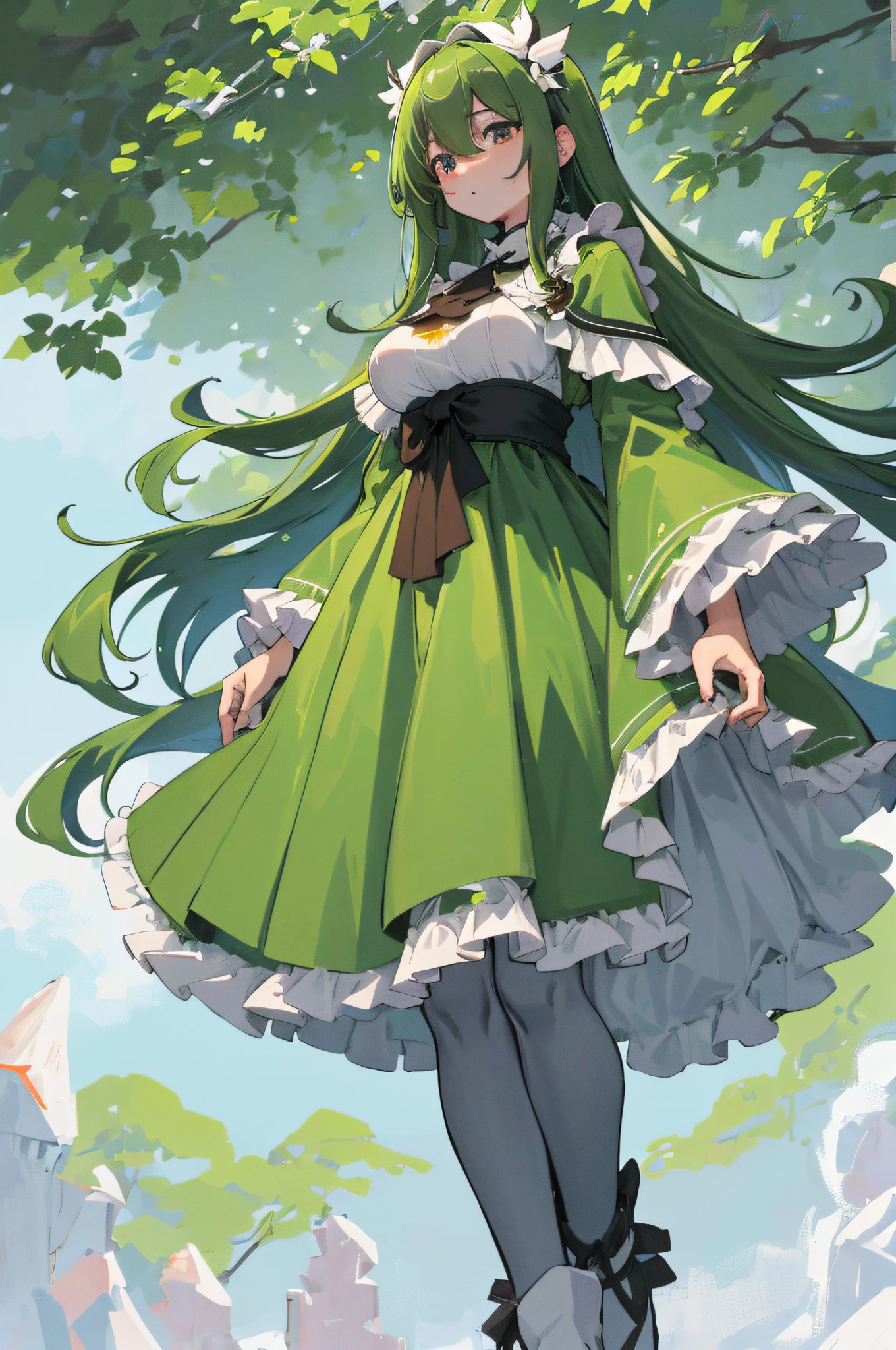 masuter piece、top-quality、The ultra -The high-definition、Transcendent Technique Illustration、Detailed full-body depiction、Very fine skin、Earl Grey、Perfect eye depiction、30-years old、Low body fat、long fluffy green hair、Brown-skinned、put hands forward、Nordic beauty、Be proud、perfectly proportions、small tit、big breasts thin waist、Green dress、in woods、The wind is blowing