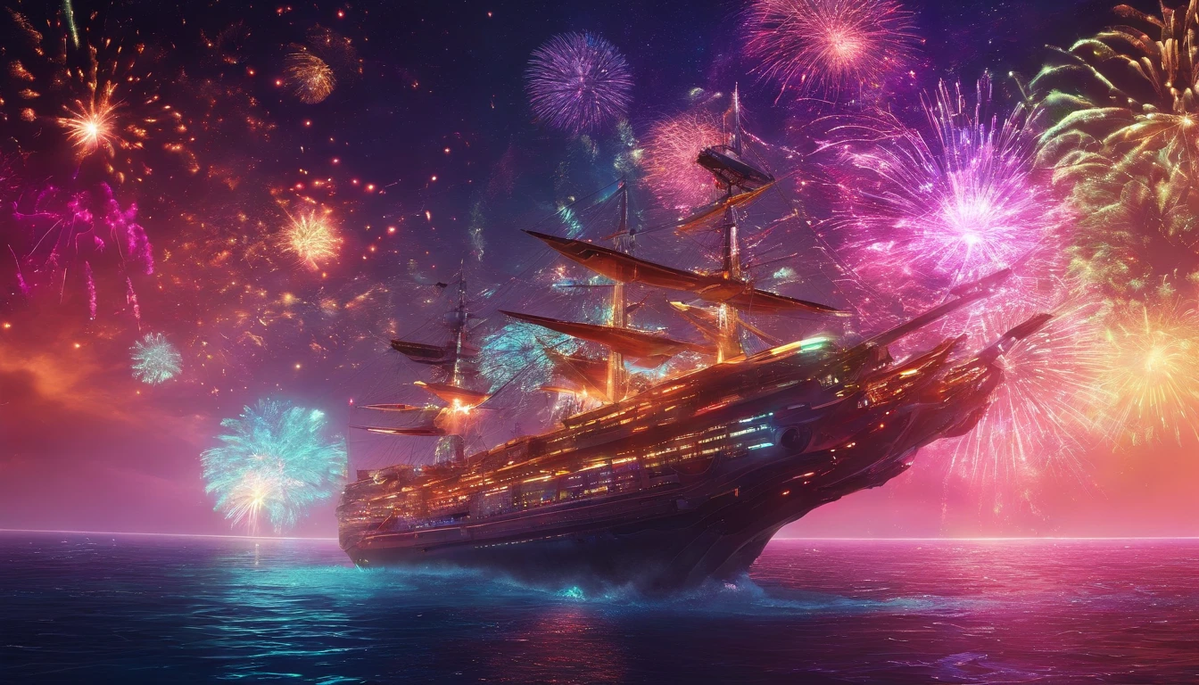 sailing ship [ spaceship ],  sea, moonlight, (multicolored firework:1.3), particle effects, octane render, (detailed), intricate details