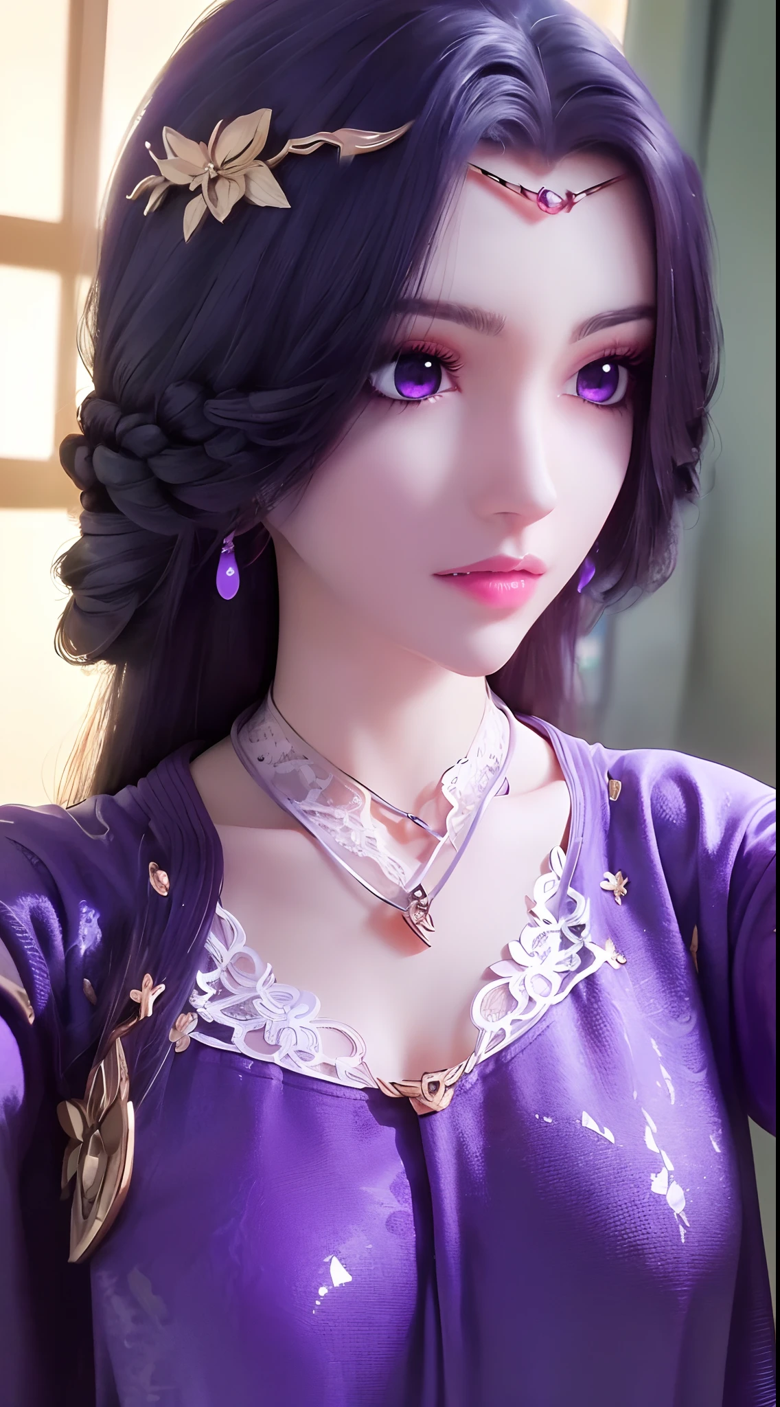 A beautiful sexy 20 year old girl, ((Wearing pajamas to cover her big, round breasts:1.8)), Extremely voluptuous girl in a small camisole, long hair and purple bangs, most beautiful and detailed hair jewelry, ((wearing a light purple lace necklace:1.6)), Super cute little face Extremely beautiful face, thin eyebrows, the most beautiful and flawless face, ((black eye pupil:0.8)), very beautiful eyes, ((purple eyes:1.4)), hairy beautiful and detailed makeup eyelashes, high nose, earrings,thin lips, plump red lips, ban on laughing, beautiful lips, slender arms, The most beautiful thighs, ((2 arms reaching out to the sides: 1.5)), healthy limbs, rosy face, clean face, beautiful face without blemishes, smooth white skin, (big breasts: 1.5)), Blums breasts, beautiful cleavage, ((big and super round breasts: 1.8)), ((super tight breasts: 1.4)), ((breast augmentation: 1.6)), beautiful breasts, 2 hands behind your back, upper body of a beautiful girl, 8k photo, super high quality, super realistic, 10x super pixels, actual photo, dark studio, border light, two-tone lighting color, (high detail skin: 1.2), 8k ultra, soft light, high quality, volumetric light, candid, Photo, high resolution, light, best photo, 4k quality, 8k, bokeh, Smooth and sharp, 10x pixelated, (galaxy: 1.7), aurora, lightning, super graphics, most realistic graphics, alone, solo, Extremely sharp, surreal image, ((frontal portrait :1.2))."