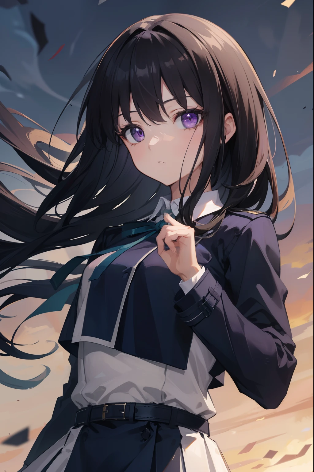 takinainoue, inoue takina, long hair, bangs, black hair, (purple eyes:1.2), BREAK shirt, long sleeves, dress, ribbon, school uniform, white shirt, collared shirt, belt, neck ribbon, blue dress, green ribbon, pleated dress, grey dress, two-tone dress, blue belt, lycoris uniform, BREAK outdoors, city, BREAK (masterpiece:1.2), best quality, high resolution, unity 8k wallpaper, (illustration:0.8), (beautiful detailed eyes:1.6), extremely detailed face, perfect lighting, extremely detailed CG, (perfect hands, perfect ???????),