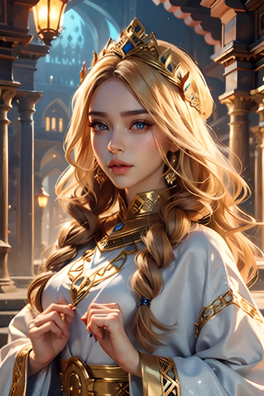 Very Beautiful princesse face portrait zoom sexy face sexy eyes sexy Mouth glowing crystal eyes hyper realistic super detailed blond hair wearing Islamic caftan marocain