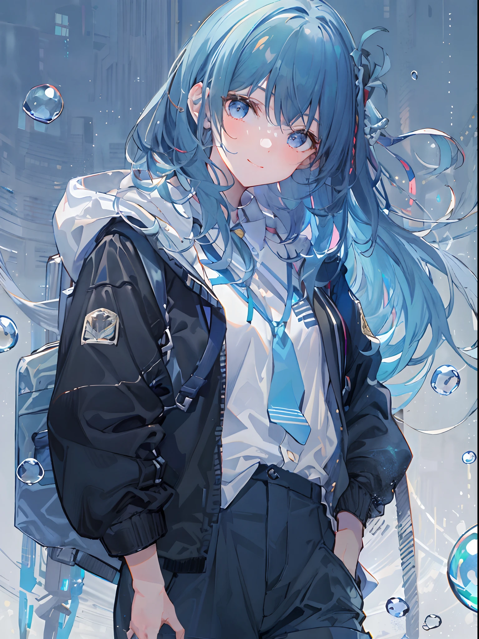 ((top-quality)), ((​masterpiece)), ((ultra-detailliert)), (extremely delicate and beautiful), girl with, 独奏, cold attitude,((Black jacket)),She is very(relax)with  the(Settled down)Looks,A dark-haired, depth of fields,evil smile,Bubble, under the water, Air bubble,bright light blue eyes,Inner color with light blue hair and dark blue tips,Cold background,Bob Hair - Linear Art, shortpants、knee high socks、White uniform like school uniform、Light blue ribbon ties、Clothes are sheer、Hands in pockets