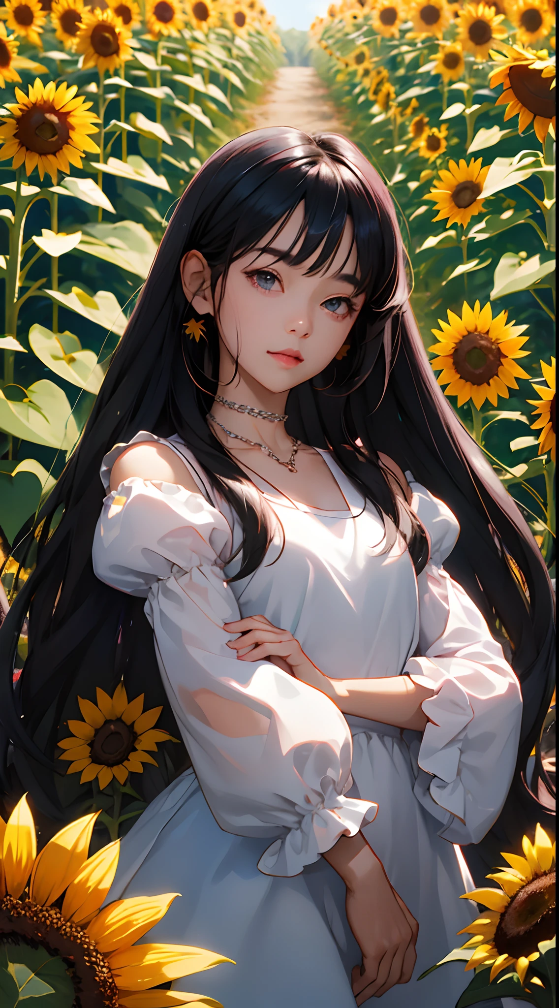 A cute girl, anime smooth skin, long hair, half body , wearing a black square neck top with puff sleeves, wearing a heart shape chain in neck, pink lips , high quality, clear skin, background is sunflower garden, black hair, day light,