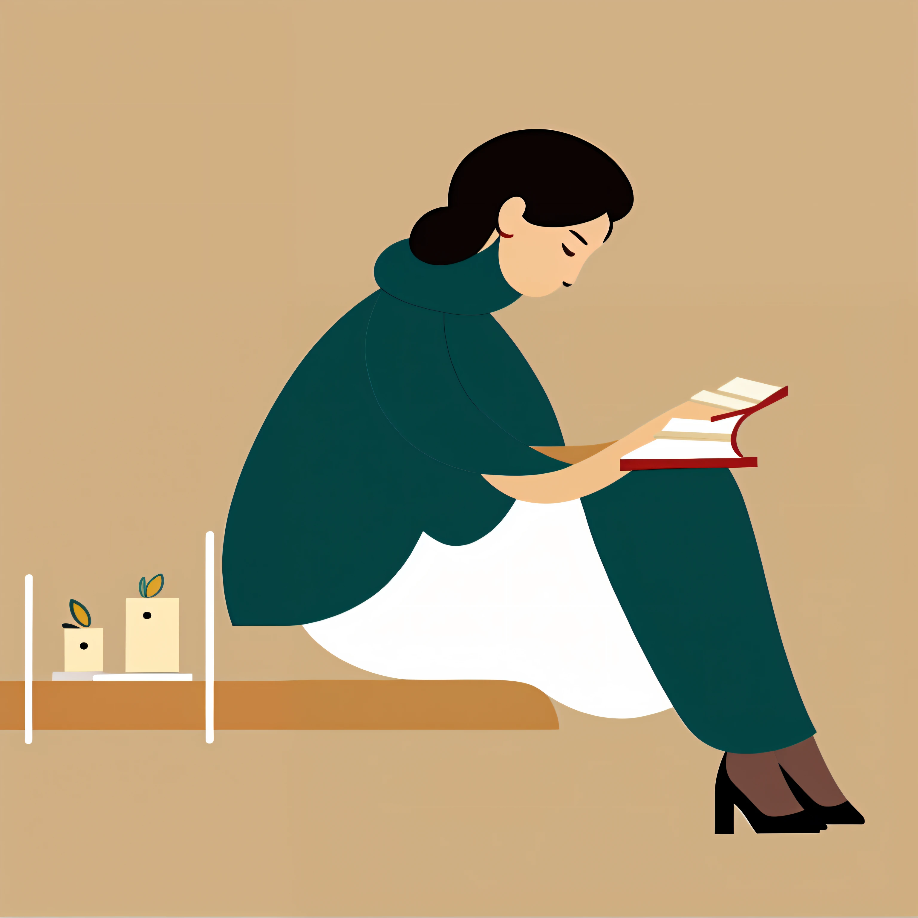 a woman sitting on a ledge reading a book, reading a book, book portrait, reading new book, book illustration, trying to read, illustration style, reading the book about love, reading, minimalist illustration, minimalistic illustration, wearing a scarf, serene illustration, inspired by Esaias Boursse, digital illustation, illustrations, shaded flat illustration, simple and clean illustration, paster cream color, beige