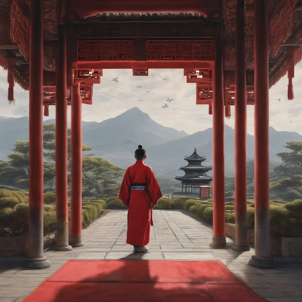 A painting depicting a person walking, There are very detailed classical Chinese phylums and plants, Mystical background, Layered sky, Red and black, Backlight, Traditional Chinese landscape style, New traditions, eastern style, James Turrell, Plants are long-lived histories, Fan Kuan's style, Spooky reality, And cunning. I can't believe how beautiful this is. symetrical composition, magnificent scale, strong use of negative space, facing up, one-point perspective, Realistic hyper-detail, 8K, k hd