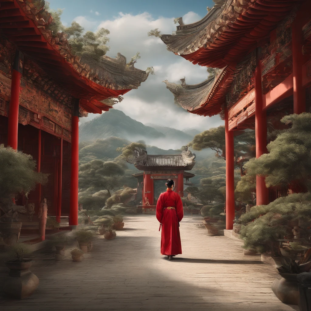 A painting depicting a person walking, There are very detailed classical Chinese phylums and plants, Mystical background, Layered sky, Red and black, Backlight, Traditional Chinese landscape style, New traditions, eastern style, James Turrell, The plant has a long history, Fan Kuan's style, Spooky reality, And cunning. I can't believe how beautiful this is. symetrical composition, magnificent scale, strong use of negative space, facing up, one-point perspective, Realistic hyper-detail, 8K, k hd