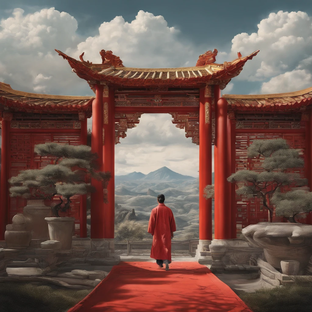 A painting depicting a person walking, There are very detailed classical Chinese phylums and plants, Mystical background, Layered sky, Red and black, Backlight, Traditional Chinese landscape style, New traditions, eastern style, James Turrell, Plants are long-lived histories, Fan Kuan's style, Spooky reality, And cunning. I can't believe how beautiful this is. symetrical composition, magnificent scale, strong use of negative space, facing up, one-point perspective, Realistic hyper-detail, 8K, k hd