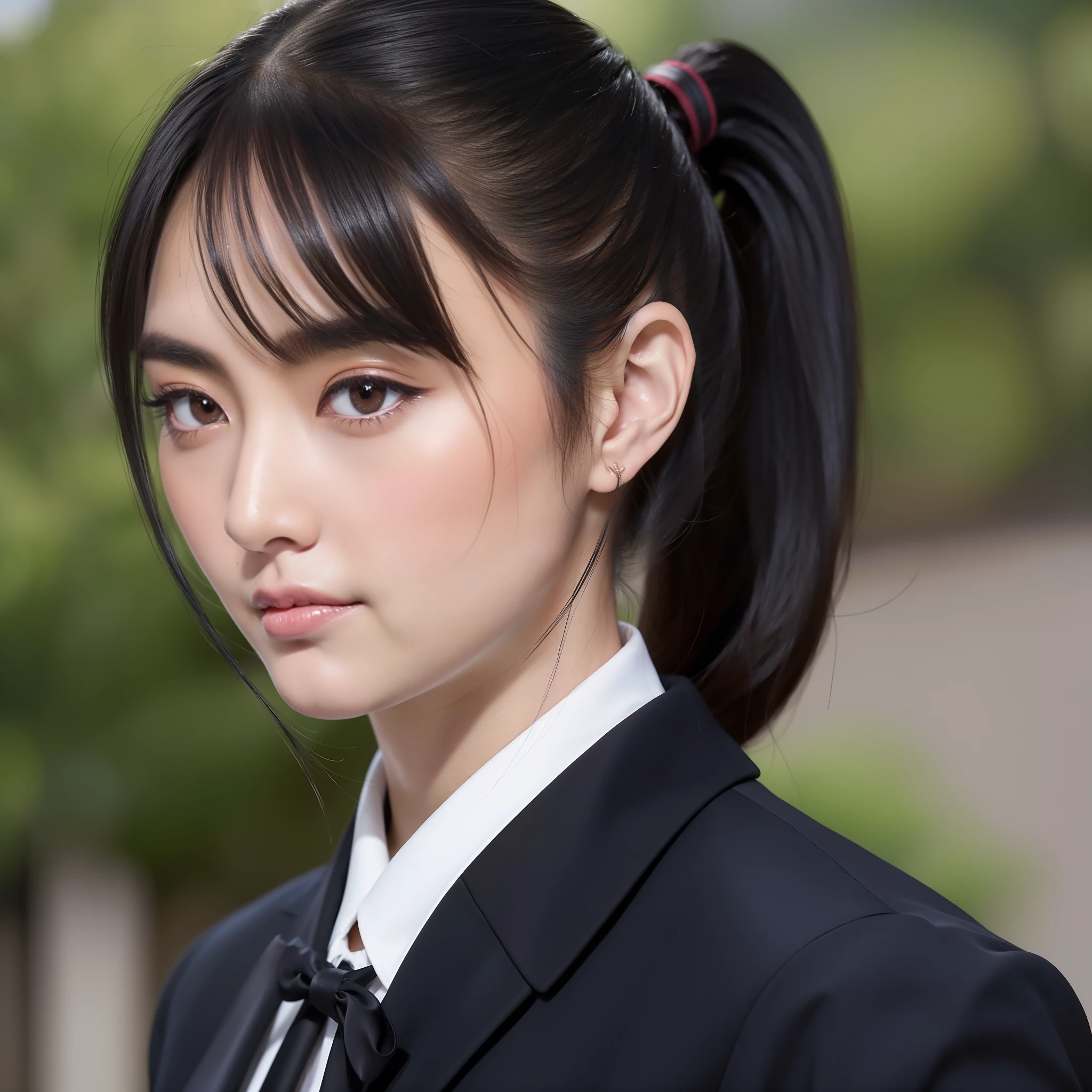 8K with the highest image quality、beautiful mature women、Beautiful face、Strong-minded woman、Full body like、Undersized eyes、well-formed nose、Wearing a kyudo suit and holding a bow、Kyudojo、Black hair and ponytail