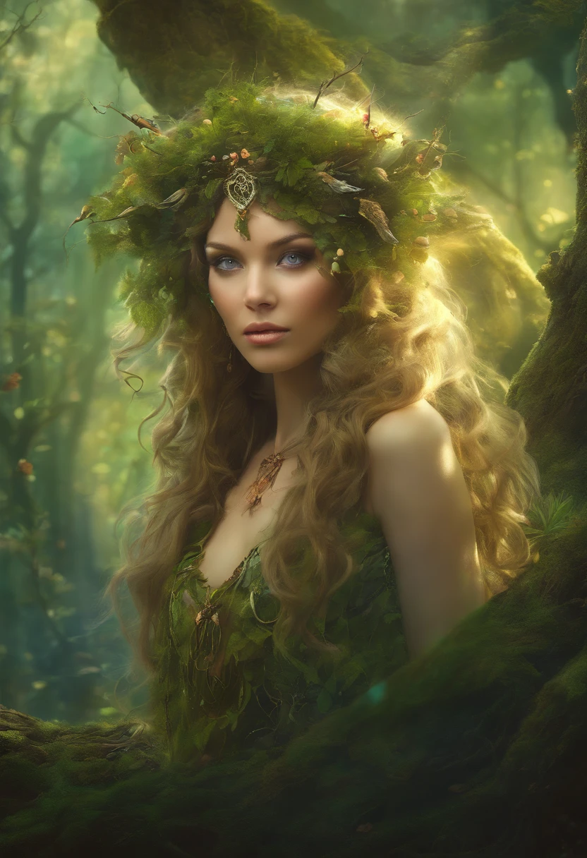 (best quality,4k,8k,highres,masterpiece:1.2),ultra-detailed,(realistic,photorealistic,photo-realistic:1.37),forest,captivating female Dryad creature,enchanted ethereal landscape,lush vegetation,majestic ancient trees,magical sunlight streaming through the branches,soft glowing moss covering the ground,faint transparent wings,delicate flowers blooming around her,fascinating eyes that emit a gentle glow,serene expression,graceful pose,artistic interpretation,subtle color palette,mystical atmosphere,playful and whimsical elements,mesmerizing presence,harmonious blending of the Dryad with her surroundings,immersive fantasy feeling,natural and realistic lighting