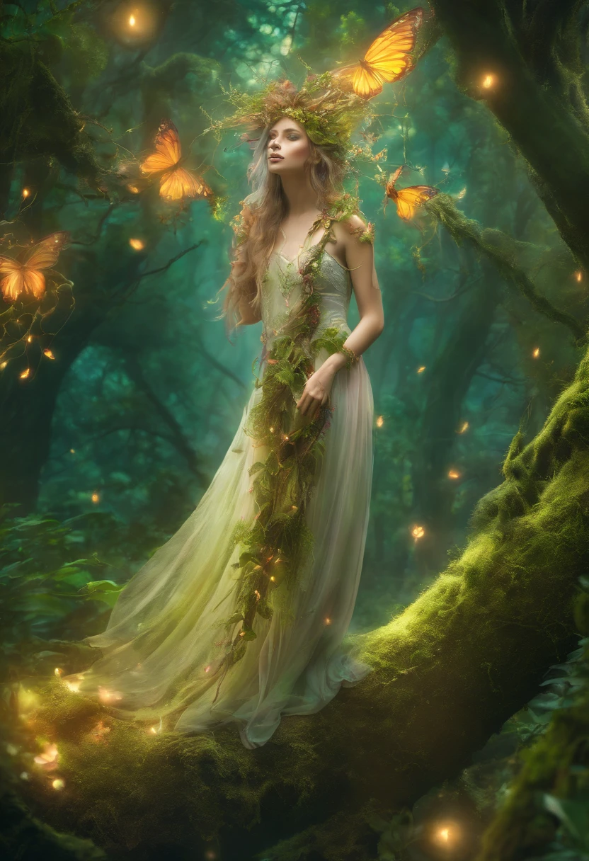 (best quality,4k,8k,highres,masterpiece:1.2),ultra-detailed,(realistic,photorealistic,photo-realistic:1.37),forest,captivating female Dryad creature,enchanted ethereal landscape,lush vegetation,majestic ancient trees,magical sunlight streaming through the branches,soft glowing moss covering the ground,faint transparent wings,delicate flowers blooming around her,fascinating eyes that emit a gentle glow,serene expression,graceful pose,artistic interpretation,subtle color palette,mystical atmosphere,playful and whimsical elements,mesmerizing presence,harmonious blending of the Dryad with her surroundings,immersive fantasy feeling,natural and realistic lighting