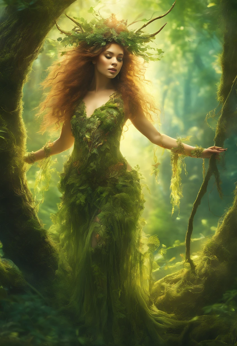 (best quality,4k,8k,highres,masterpiece:1.2),ultra-detailed,(realistic,photorealistic,photo-realistic:1.37),forest,captivating female Dryad creature,enchanted ethereal landscape,lush vegetation,majestic ancient trees,magical sunlight streaming through the branches,soft glowing moss covering the ground,faint transparent wings,delicate flowers blooming around her,fascinating eyes that emit a gentle glow,serene expression,graceful pose,artistic interpretation,subtle color palette,mystical atmosphere,playful and whimsical elements,mesmerizing presence,harmonious blending of the Dryad with her surroundings,immersive fantasy feeling,natural and realistic lighting