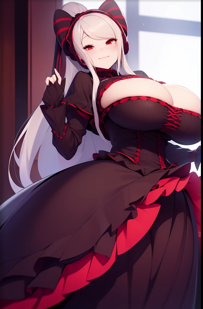 1girl in, 3 Four, Blood, Bow,  ((huge-breasted、huge-breasted)), Dress, frilld_Dress, frilld, Gothic_ta, greys_hair, hair_Bow, hair_Over_One_eye, Loliashion, long_Dress, long_hair, ((huge-breasted、huge-breasted)), bursting breasts, cleavage、beatiful detailed eyes、Beautiful detailed lips、overlord_(Maruyama), Pale_skin, Red_Eyes, Shalltear_Bloodfall, Solo, Striped, Vampire, vertical_Stripes