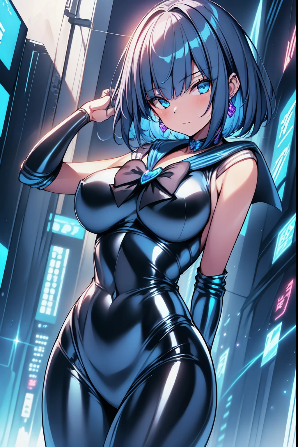 (8K, Best quality, tmasterpiece:1.2),\(eye detailed\),\(Facial features\),(\(Clothes detail details\)\),(huge tit,Heavy breasts,Long chest:1.3),full bodyesbian,Superskirt,Dark blue sailor costume,Very detailed CG unity 8K wallpaper,hugefilesize,ultra - detailed,A high resolution,absurderes,beautidful eyes,Ray traching,dramatic shadow,finely detailled,Dramatic angles,Hyper-detailing,(1 girl:1.3),(Solo),Short hair,(/Blue hair:1.3/),a matural female,thick thight,busty figure,Cyberpunk,(sailor outfit:1.2)+(black latex bodysuit:1.3),Black stockings