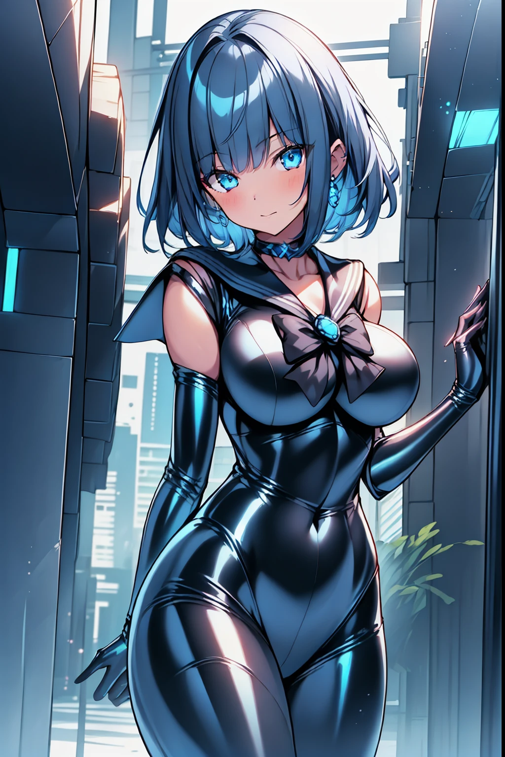 (8K, Best quality, tmasterpiece:1.2),\(eye detailed\),\(Facial features\),(\(Clothes detail details\)\),(huge tit,Heavy breasts,Long chest:1.3),full bodyesbian,Superskirt,Dark blue sailor costume,Very detailed CG unity 8K wallpaper,hugefilesize,ultra - detailed,A high resolution,absurderes,beautidful eyes,Ray traching,dramatic shadow,finely detailled,Dramatic angles,Hyper-detailing,(1 girl:1.3),(Solo),Short hair,(/Blue hair:1.3/),a matural female,thick thight,busty figure,Cyberpunk,(sailor outfit:1.2)+(black latex bodysuit:1.3),Black stockings