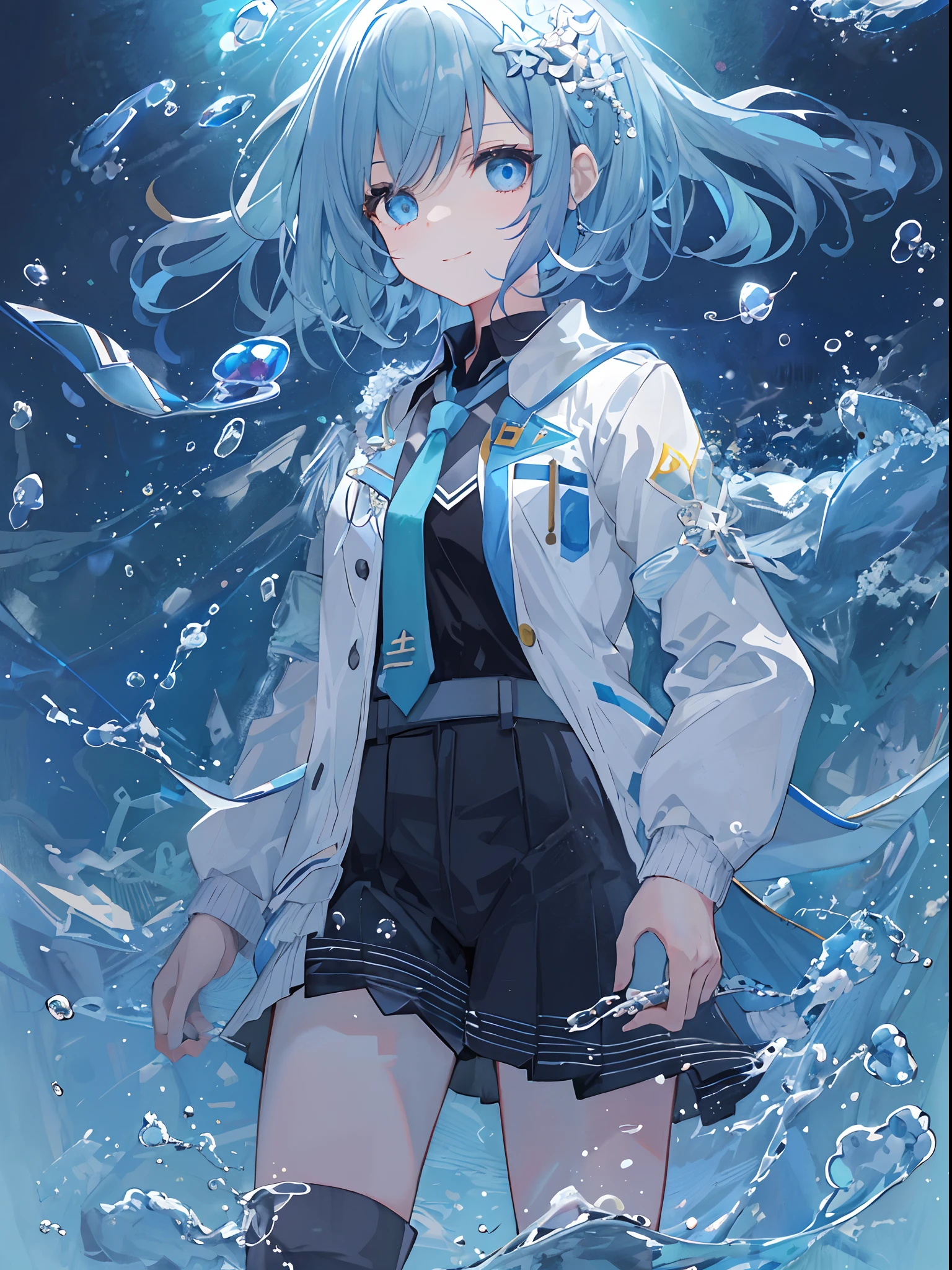 ((top-quality)), ((​masterpiece)), ((ultra-detailliert)), (extremely delicate and beautiful), girl with, 独奏, cold attitude,((Black jacket)),She is very(relax)with  the(Settled down)Looks,A dark-haired, depth of fields,evil smile,Bubble, under the water, Air bubble,bright light blue eyes,Inner color with light blue hair and dark blue tips,Cold background,Bob Hair - Linear Art, shortpants、knee high socks、White uniform like school uniform、Light blue ribbon ties、Clothes are sheer、Hands in pockets