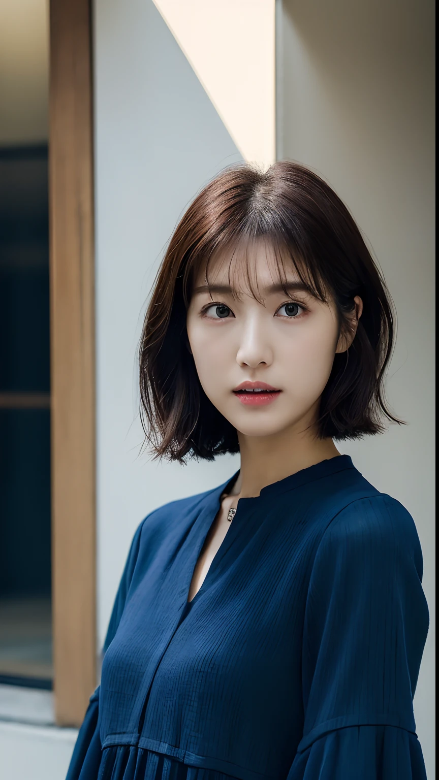 ((Realistic lighting、top-quality、8K、masterpiece:1.3))、1girl in、beauty with perfect body:1.4、Slim abs:1.1、((Korean Style Bob、dark brown hair、E Cup:1.3))、(Deep blue casual dress:1.4)、(outside of house、Daytime:1.1)、full body photographed、Super fine face、Narrow-eyed、二重まぶた、Detailed mouth、Japan at 20 years old