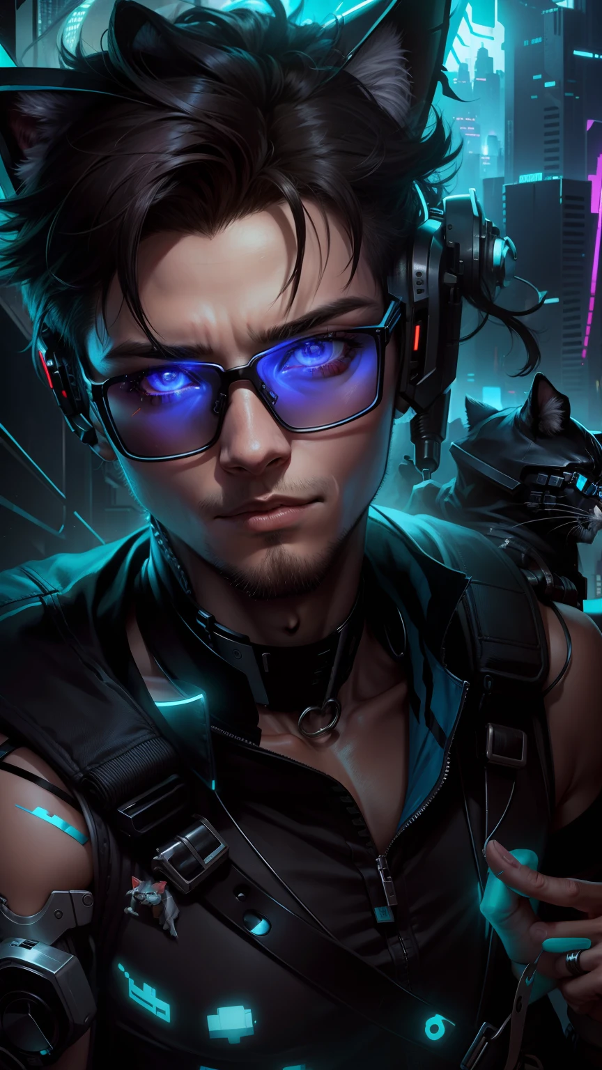 cyberpunk boy, with glasses,
with cat, --v 4