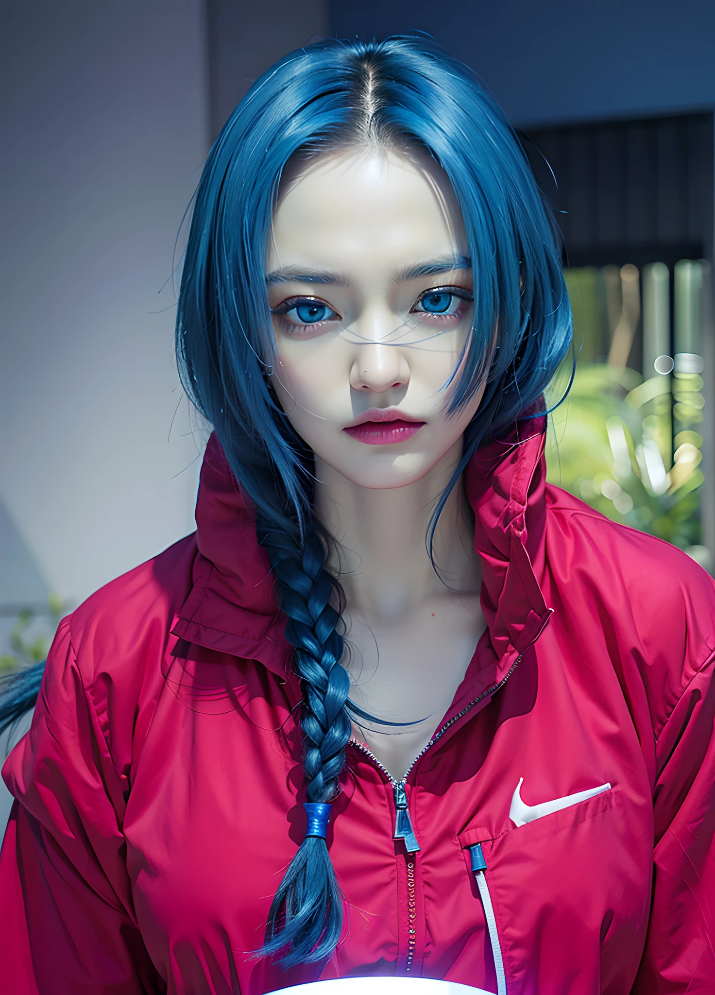 (photorealistic:1.4), best quality, masterpiece, ultra high res, 1girl, (detailed face:1.2), (detailed eyes:1.2), (detailed hair:1.2), (detailed clothes:1.2), 4k, (detailed color:1.2), perfect finger, (blue hair:1.2, (light blue eyes:1.2), (anggry face),