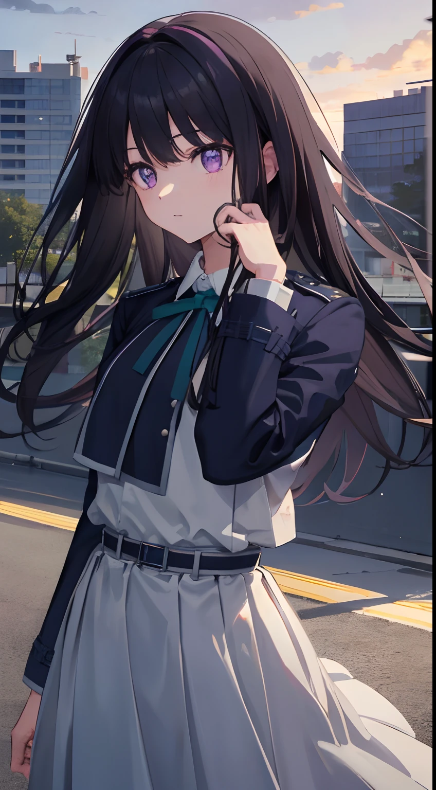 takinainoue, Inoue Takina, Long hair, bangs, Black hair, (Purple eyes:1.2), BREAK shirt, Long sleeves, dress, ribbon, school uniform, White shirt, Collared shirt, belt, Neck ribbon, Blue dress, Green Ribbon, Pleated dress, grey dress, Two-tone dresses, Blue belt, Lycoris Uniform, BREAK outdoors, City, Break (Masterpiece:1.2), Best quality, high resolution, Unity 8k wallpaper, (illustration:0.8), (Beautiful detailed eyes:1.6), Extremely detailed face, Perfect lighting, Extremely detailed CG, (Perfect hands, Perfect anatomy),