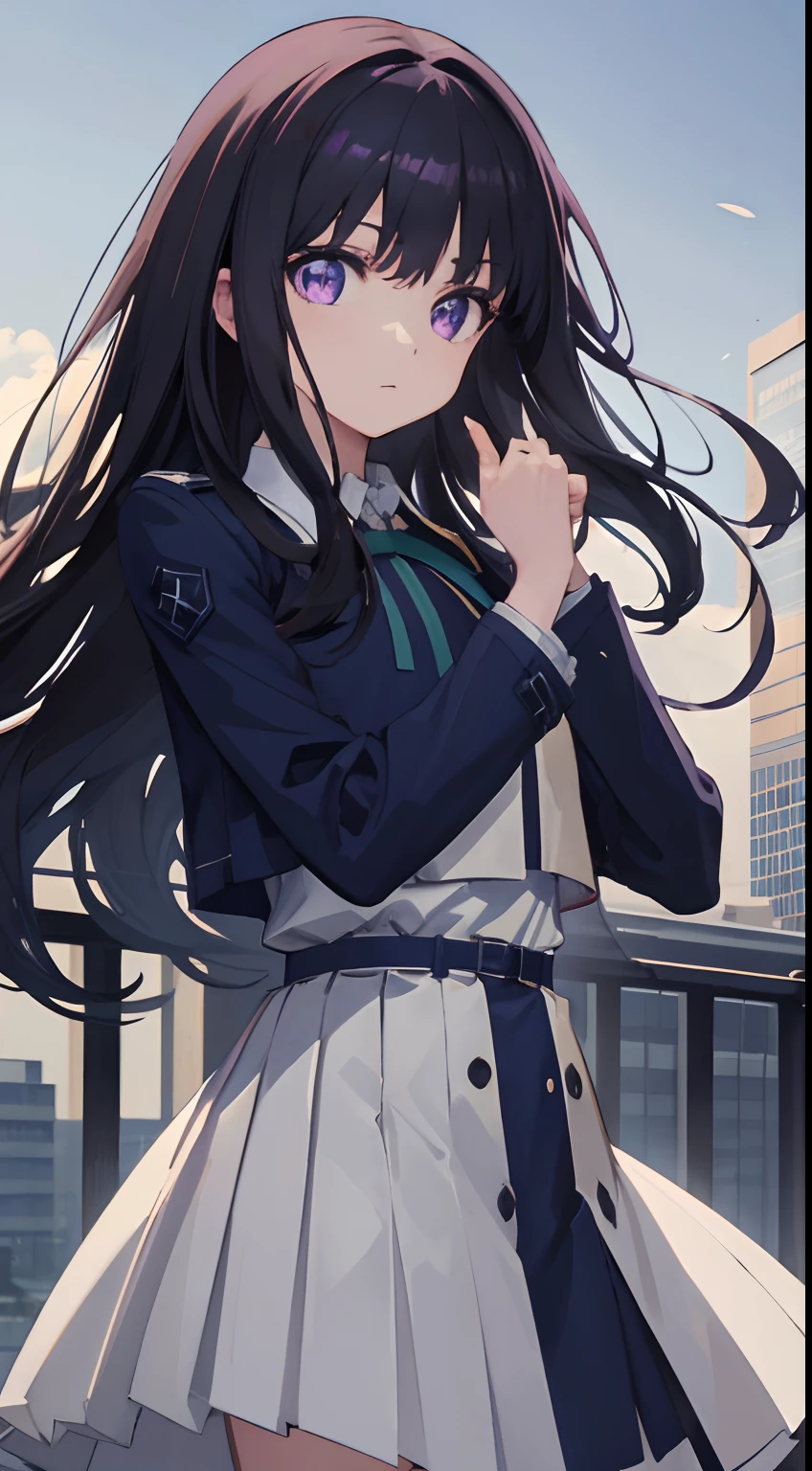 masterpiece、Highest quality、Very detailed))、One girl、Black Hair、Black Hair、Long Hair、Grey Eyes、evil smile、((Grin))、((lots of piercings))、((Small breasts))、((White collared shirt))、((A bow tie))、((gray sweater vest))、((gray plaid skirt))、((micro miniskirt))、((thighhighs))、Cowboy Shot、Looking down、Shoot from below、Downtown background